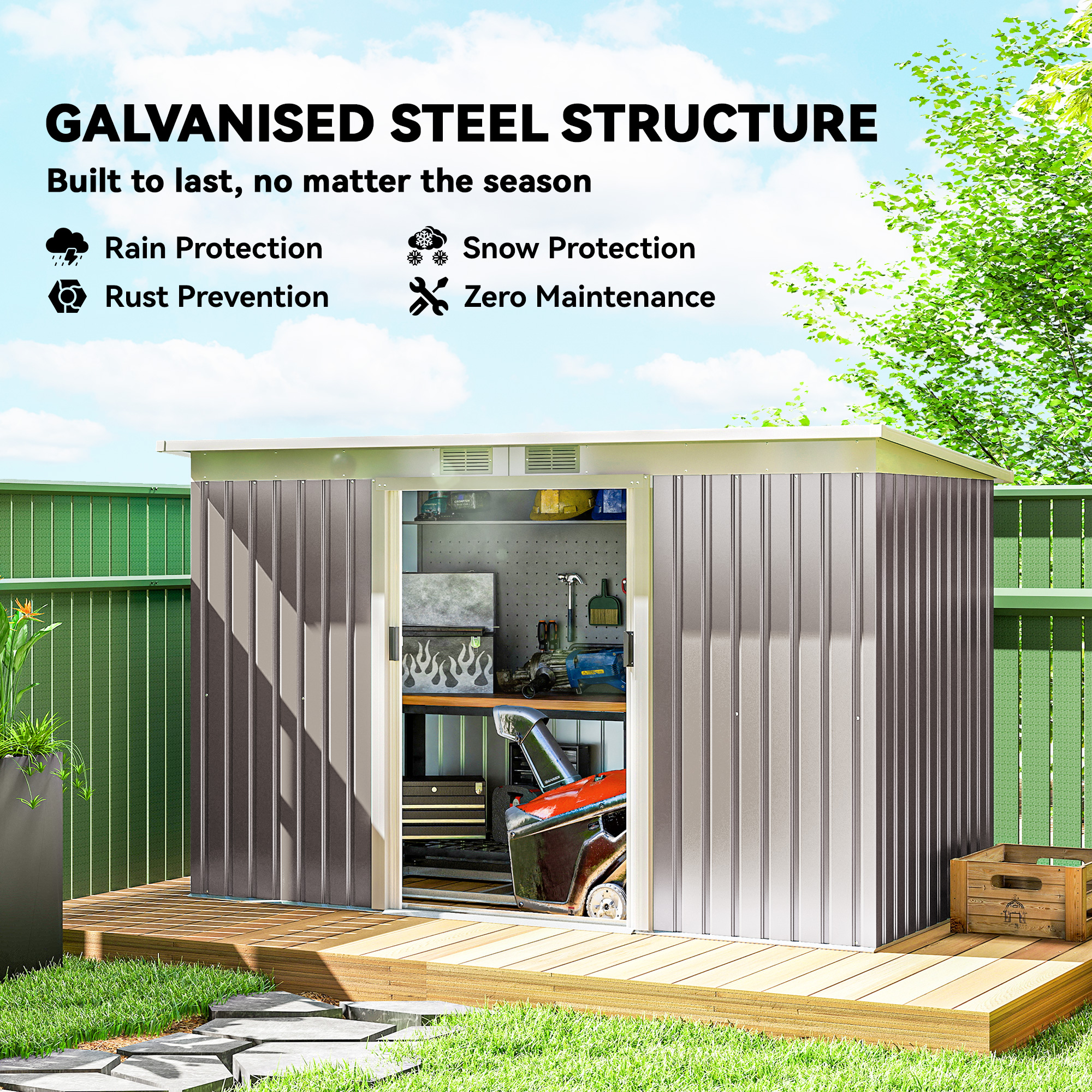 Outsunny Corrugated Garden Metal Storage Shed Outdoor Equipment Tool Box with Kit Ventilation Doors 9x 4FT Light Grey 4