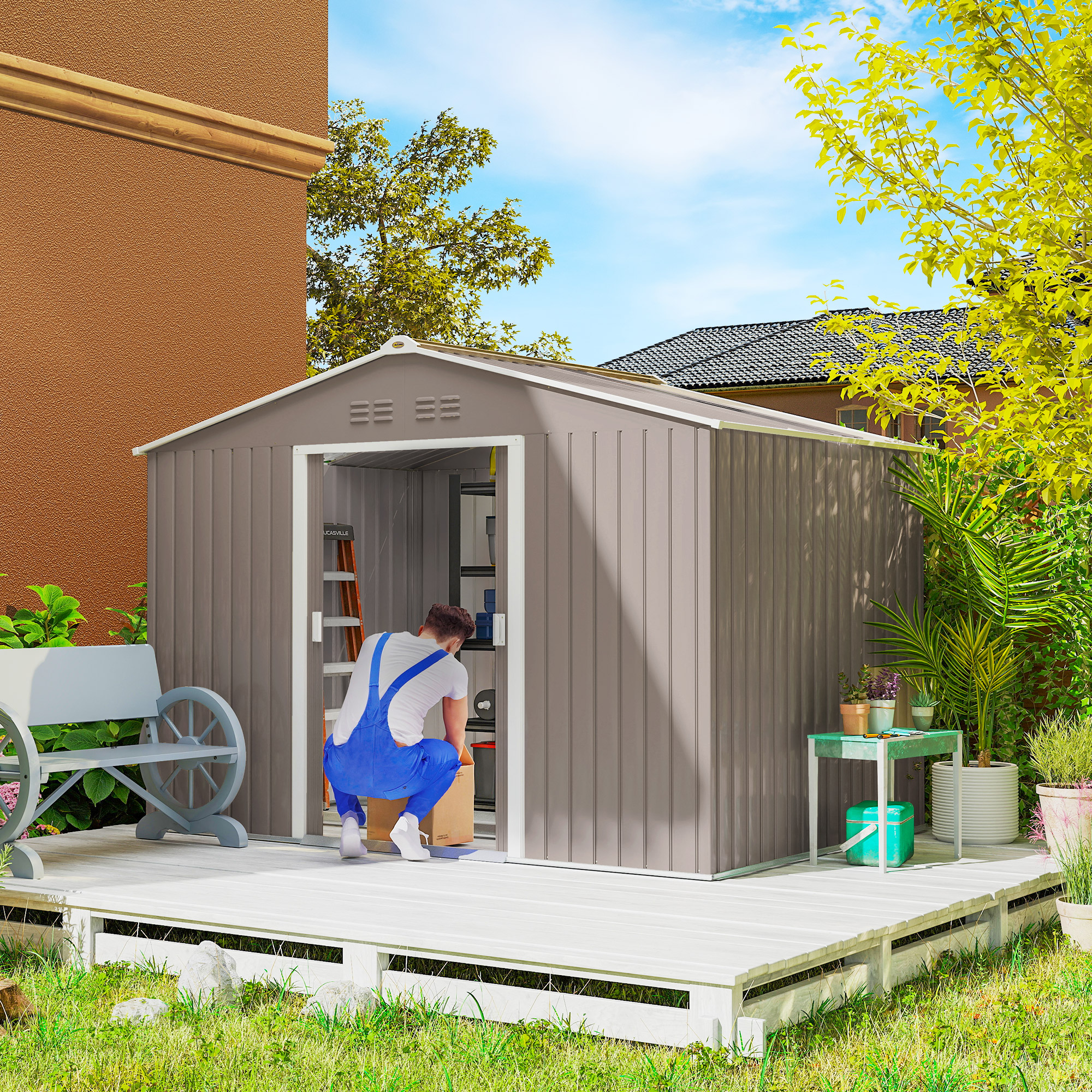Outsunny Verzinkter Stahl Gerätehaus 4,9m² 277x195x192cm Geräteschuppen mit günstig online kaufen