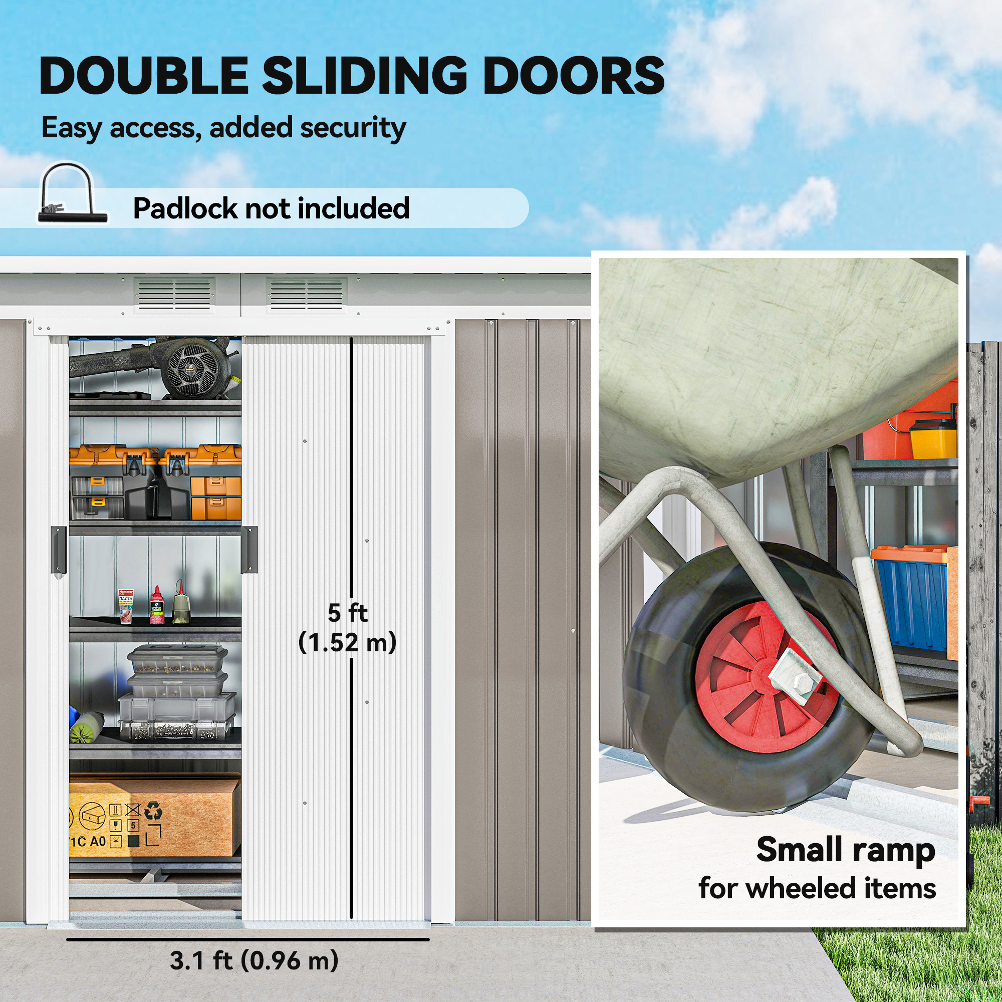 Outsunny Corrugated Garden Metal Storage Shed Outdoor Equipment Tool Box with Kit Ventilation Doors 9x 4FT Light Grey 5