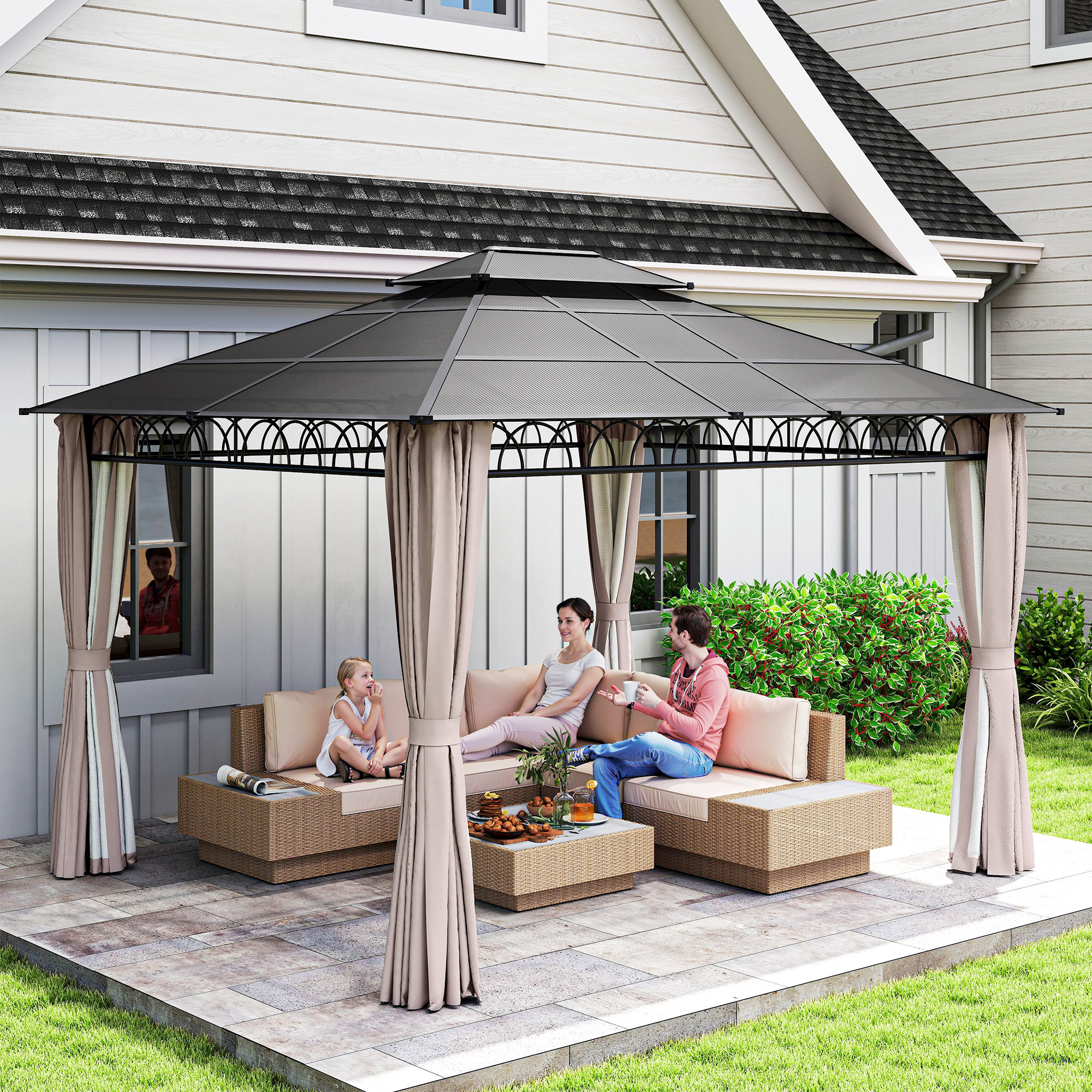 Outsunny 3.6 x 3 (m) Outdoor Polycarbonate Gazebo, Double Roof Hard Top Gazebo with Nettings & Curtains for Garden, Lawn, Patio 8