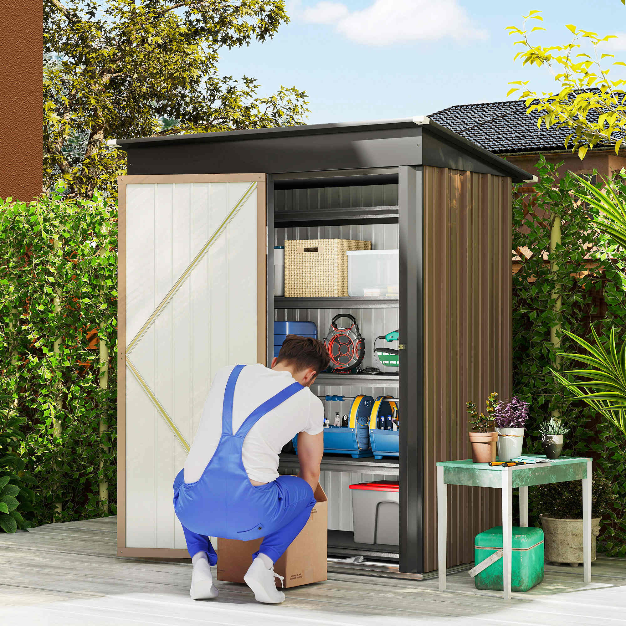 Outsunny 5 x 3ft Corrugated Steel Storage Shed, with Lock Brown 2