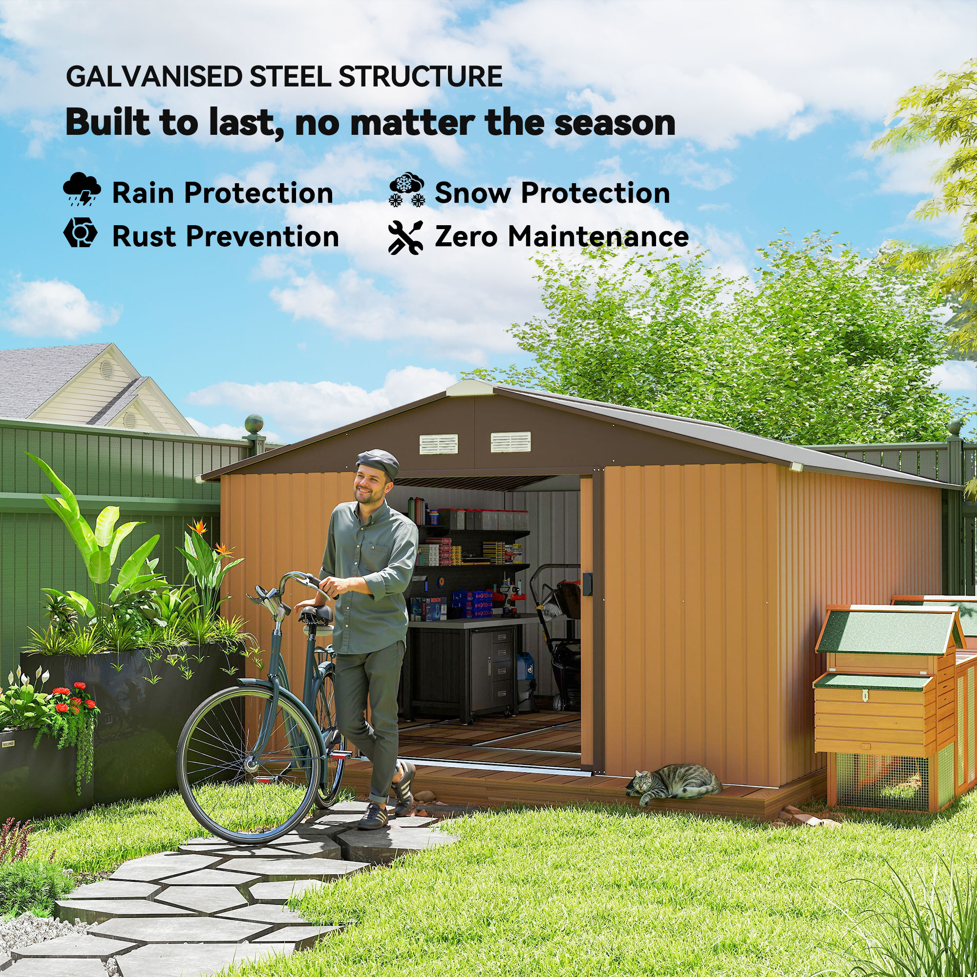 Outsunny 13 x 11ft Metal Garden Shed, Outdoor Storage Tool House with Ventilation Slots, Foundation Kit and Lockable Double Doors, Light Brown 4