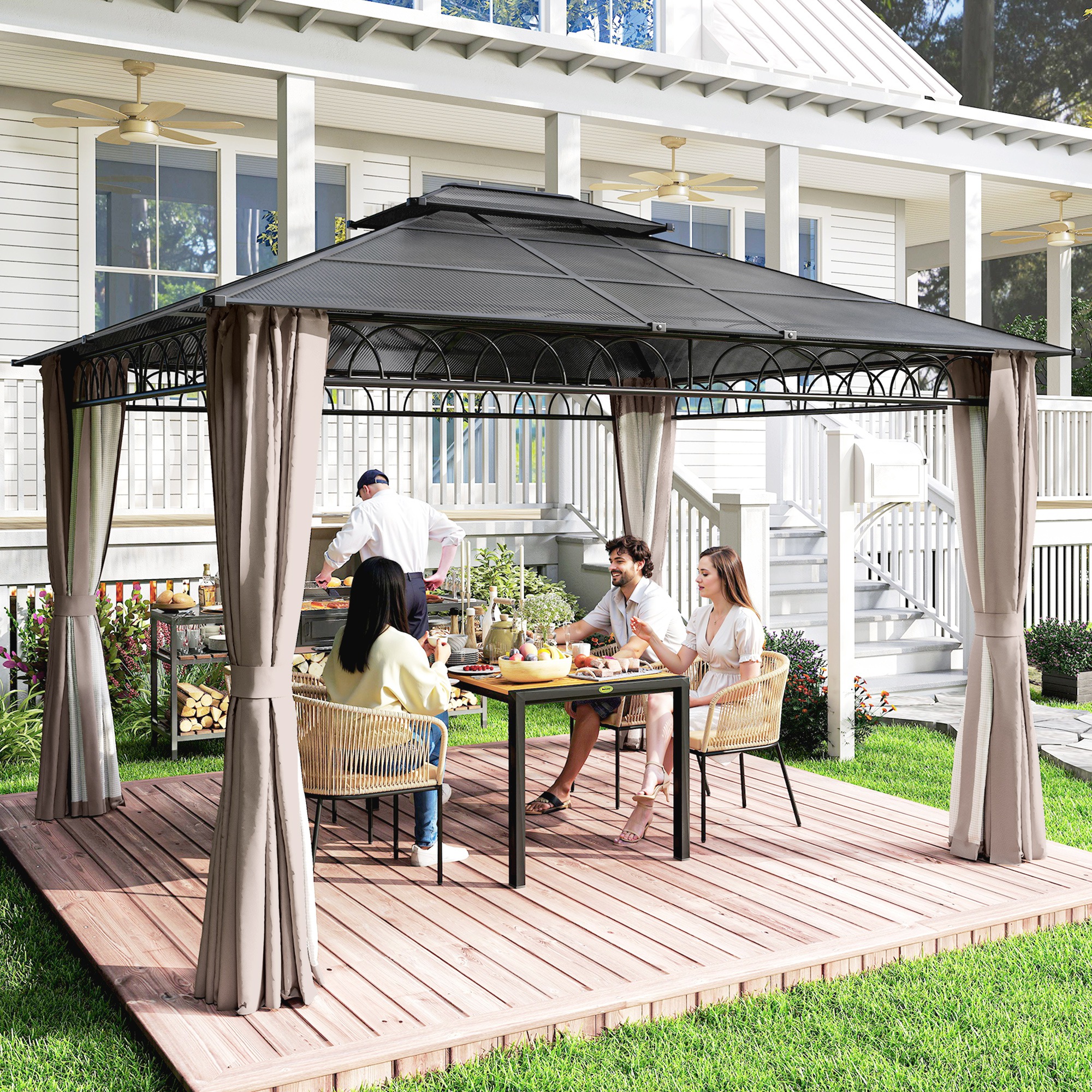 Outsunny 3.6 x 3 (m) Outdoor Polycarbonate Gazebo, Double Roof Hard Top Gazebo with Nettings & Curtains for Garden, Lawn, Patio 2