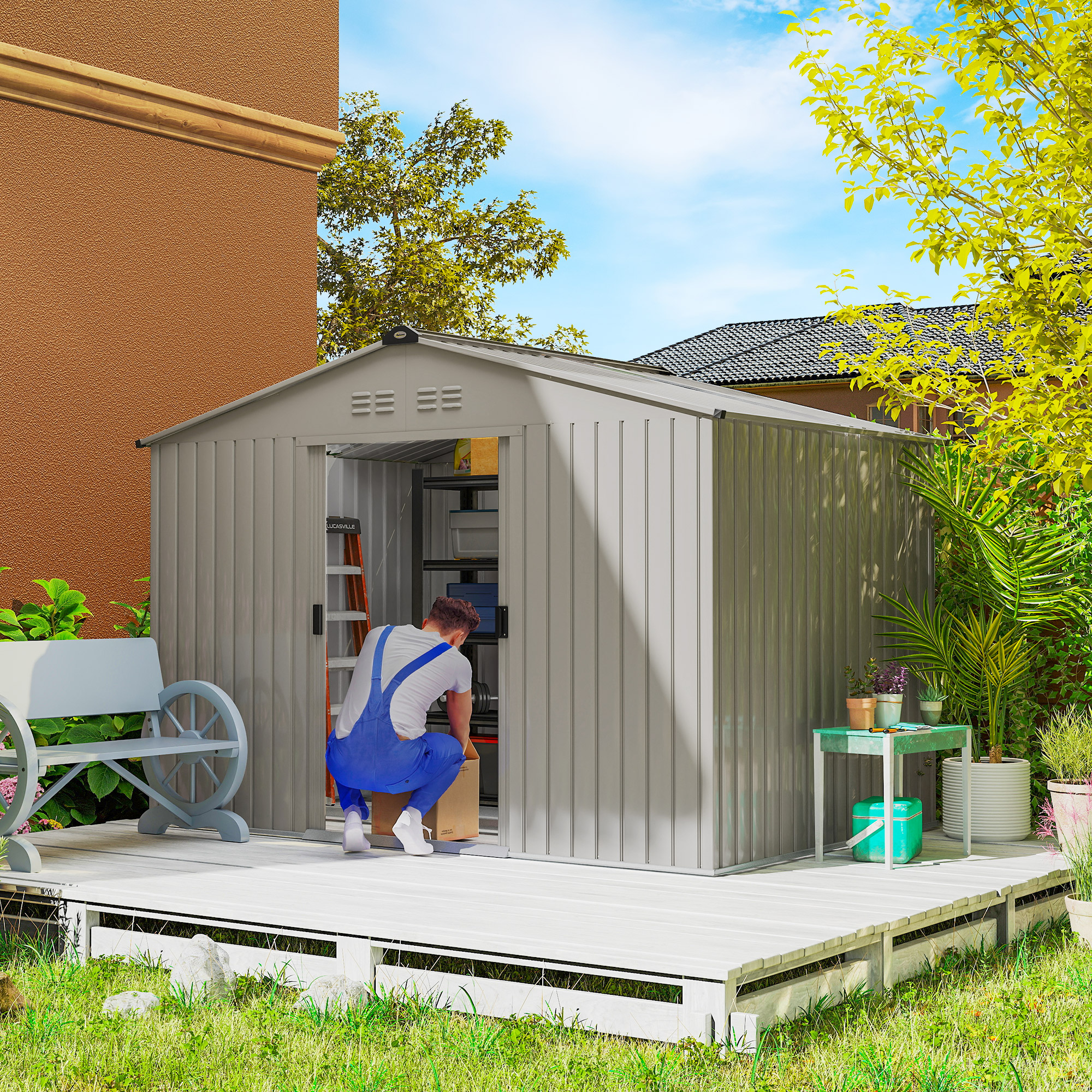 Outsunny Metall Gerätehaus 4,9 m², Gartenhaus mit Satteldach, Schiebetür, F günstig online kaufen