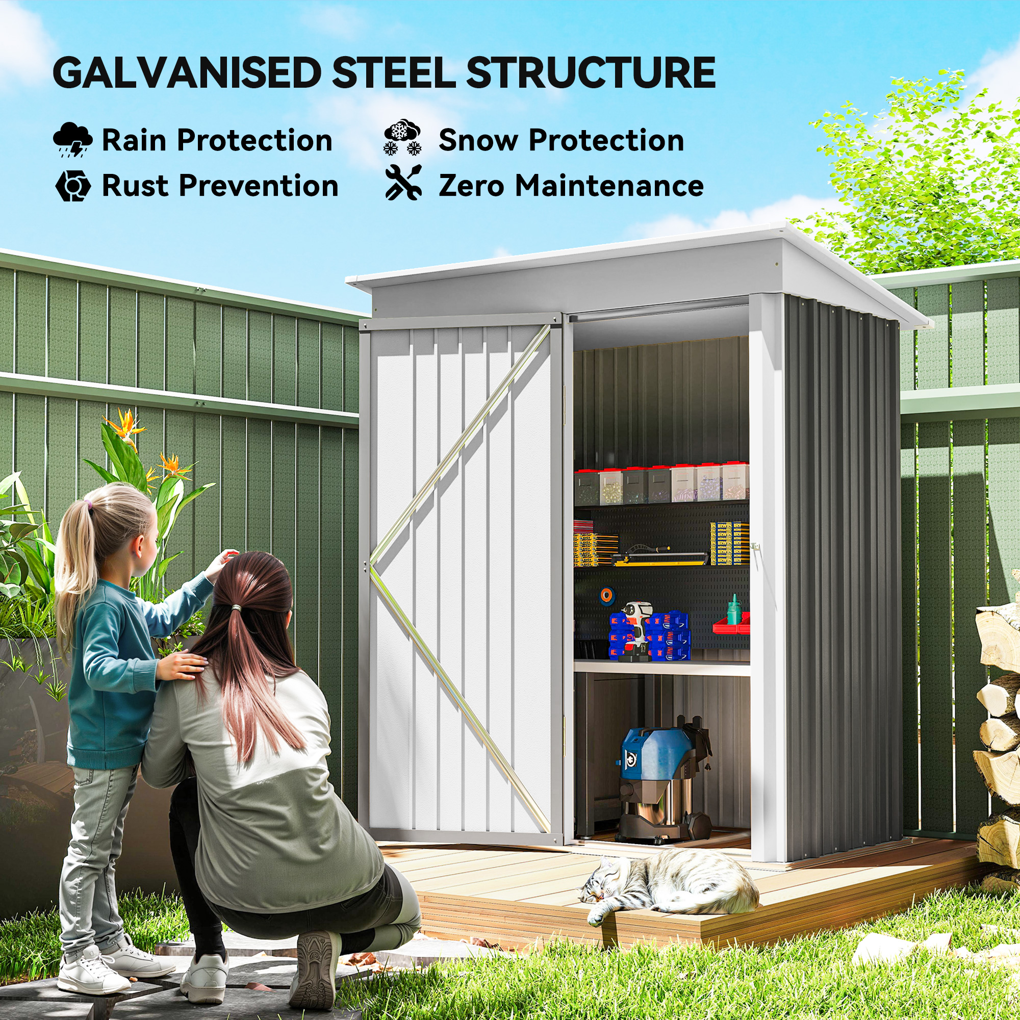 Outsunny Metal Garden Shed, Outdoor Lean-to Shed for Tool Motor Bike, with Adjustable Shelf, Lock, Gloves, 5'x3'x6', Grey 4