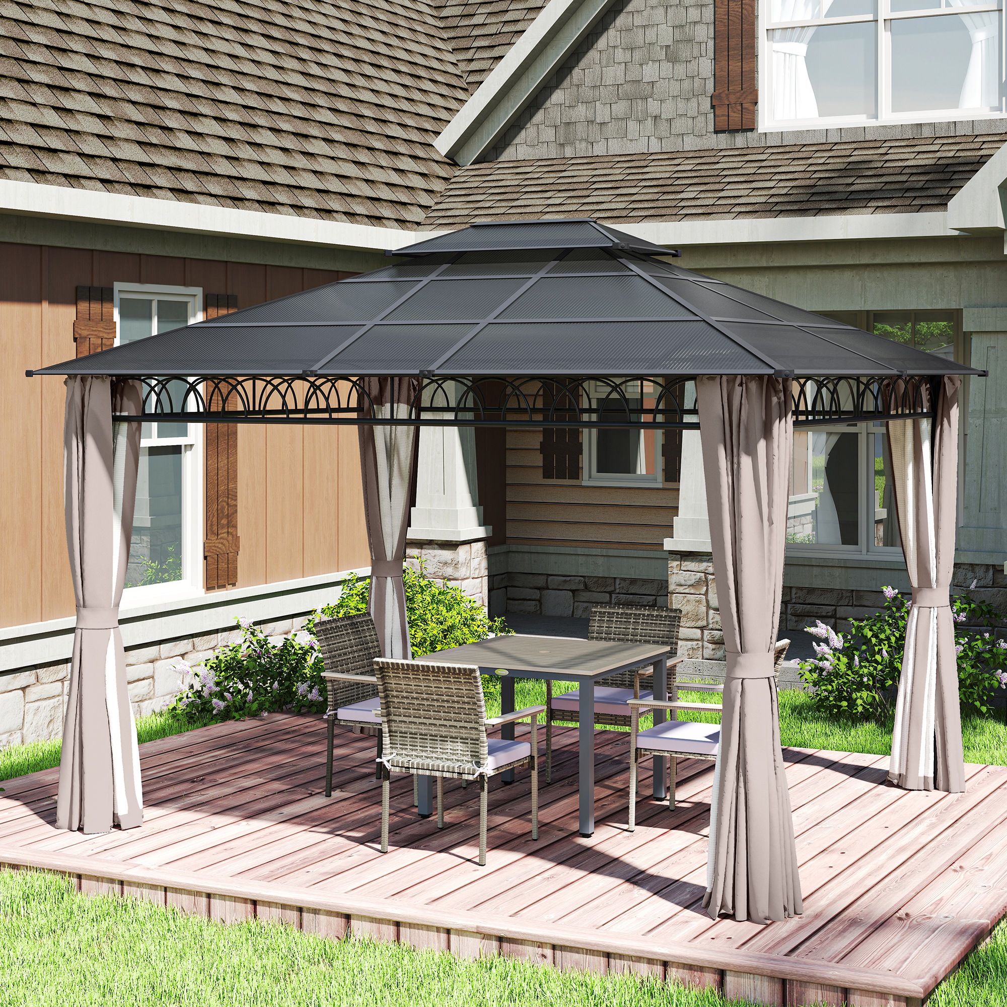 Outsunny 3.6 x 3 (m) Outdoor Polycarbonate Gazebo, Double Roof Hard Top Gazebo with Nettings & Curtains for Garden, Lawn, Patio 9
