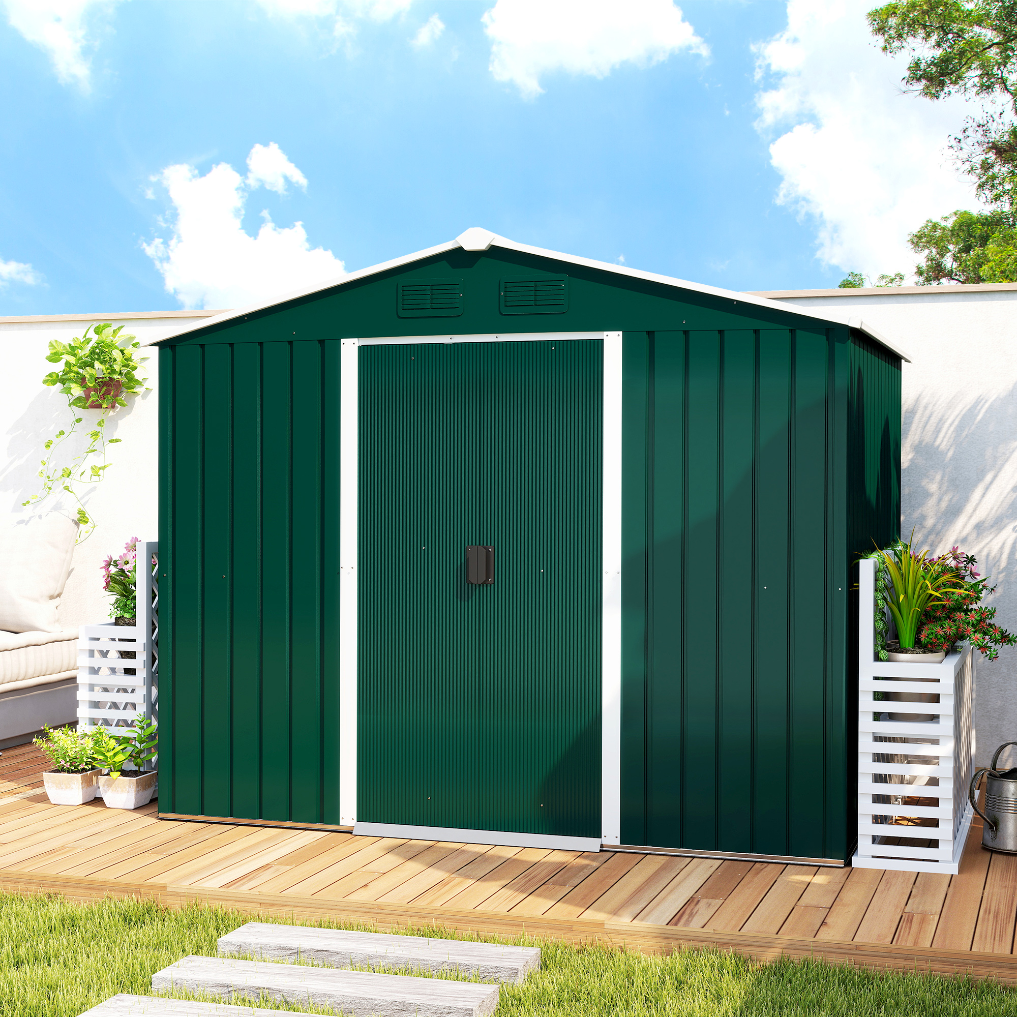 Outsunny Large Garden Storage Shed, 7.7 x 5.7 with Ventilation Slots and Sliding Doors for Gardeners, Green 8