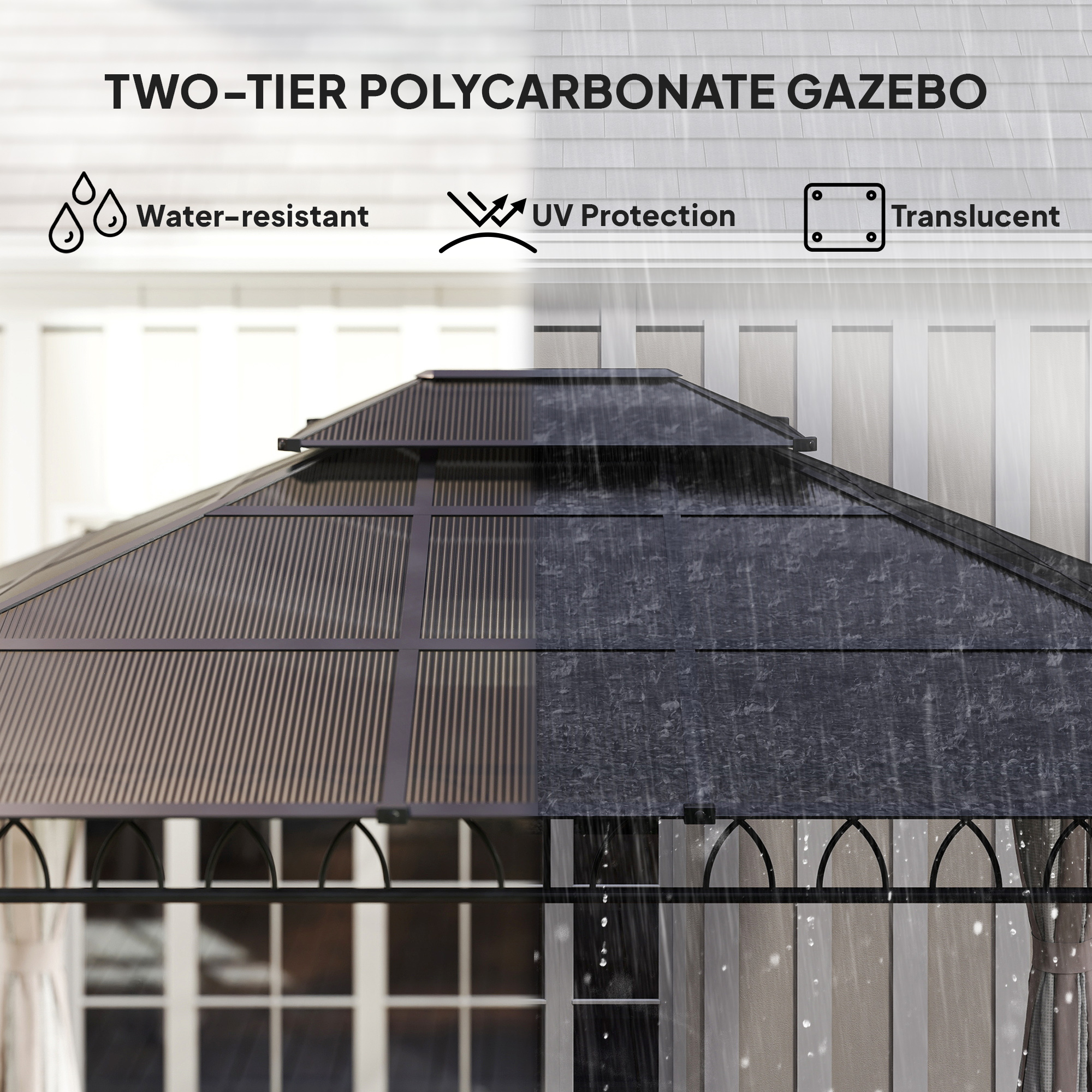 Outsunny 3.6 x 3 (m) Outdoor Polycarbonate Gazebo, Double Roof Hard Top Gazebo with Nettings & Curtains for Garden, Lawn, Patio 4