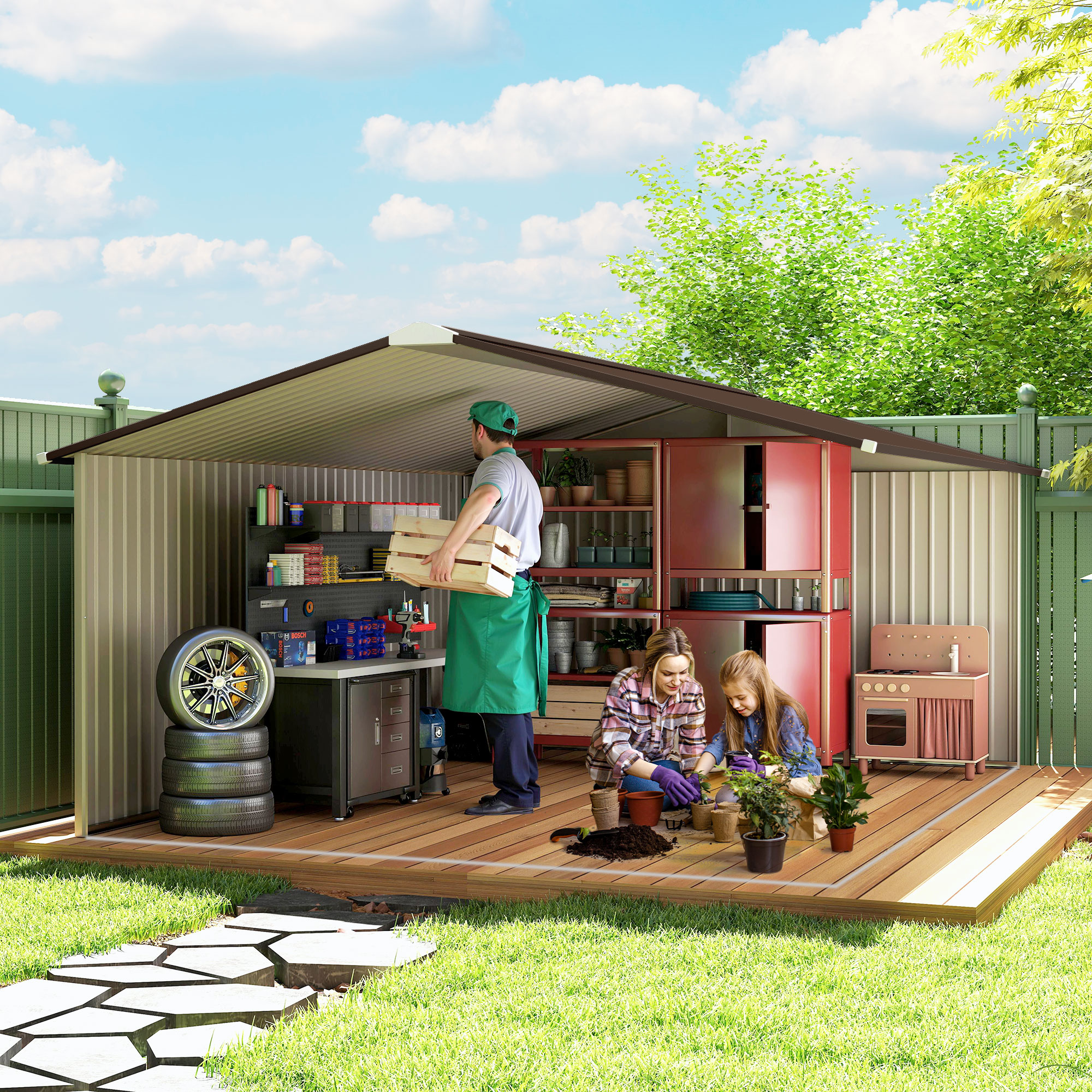 Outsunny 13 x 11ft Metal Garden Shed, Outdoor Storage Tool House with Ventilation Slots, Foundation Kit and Lockable Double Doors, Light Brown 9