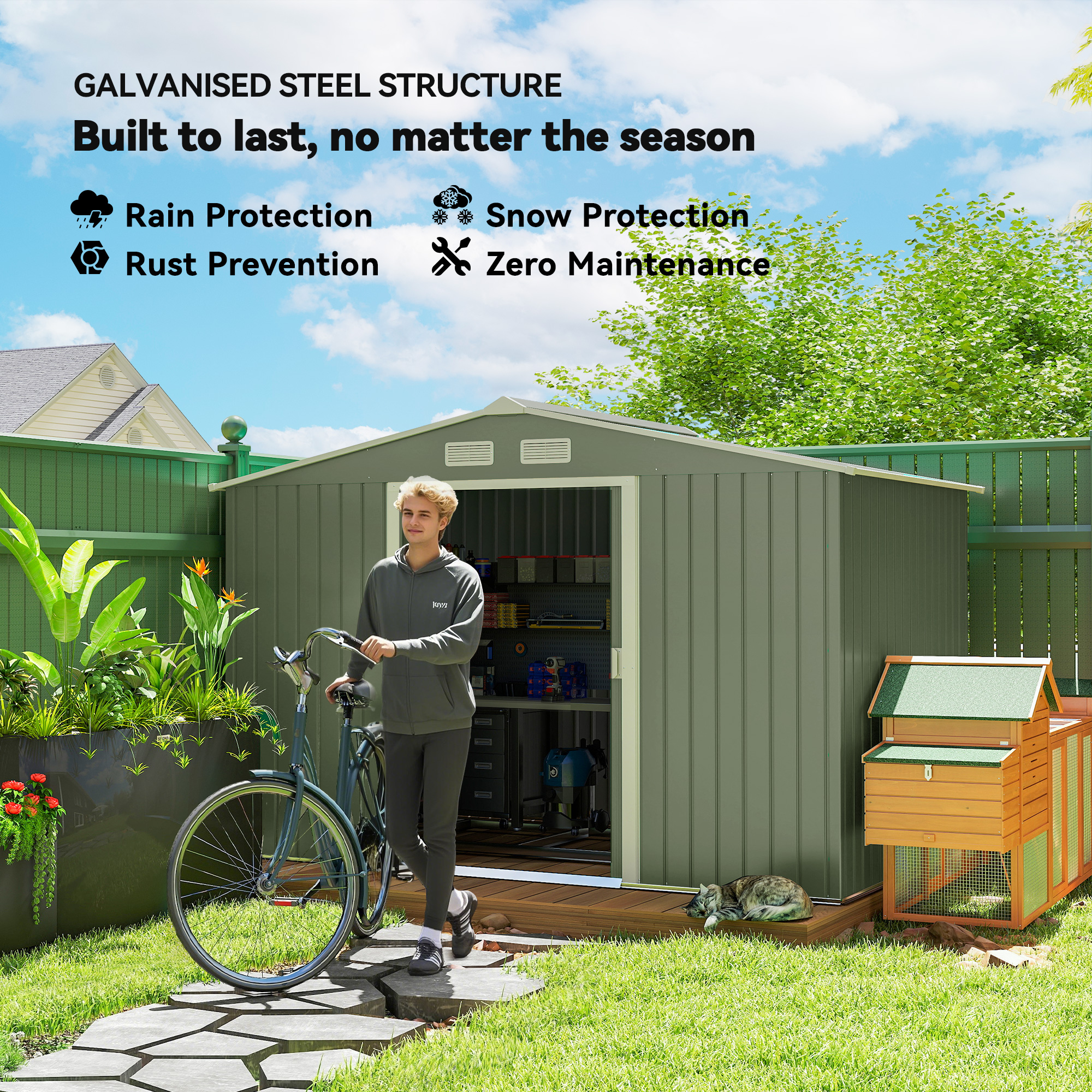 Outsunny 9 x 6ft Metal Garden Shed, Outdoor Storage Tool House with Ventilation Slots, Foundation Kit and Lockable Double Doors, Light Green 4
