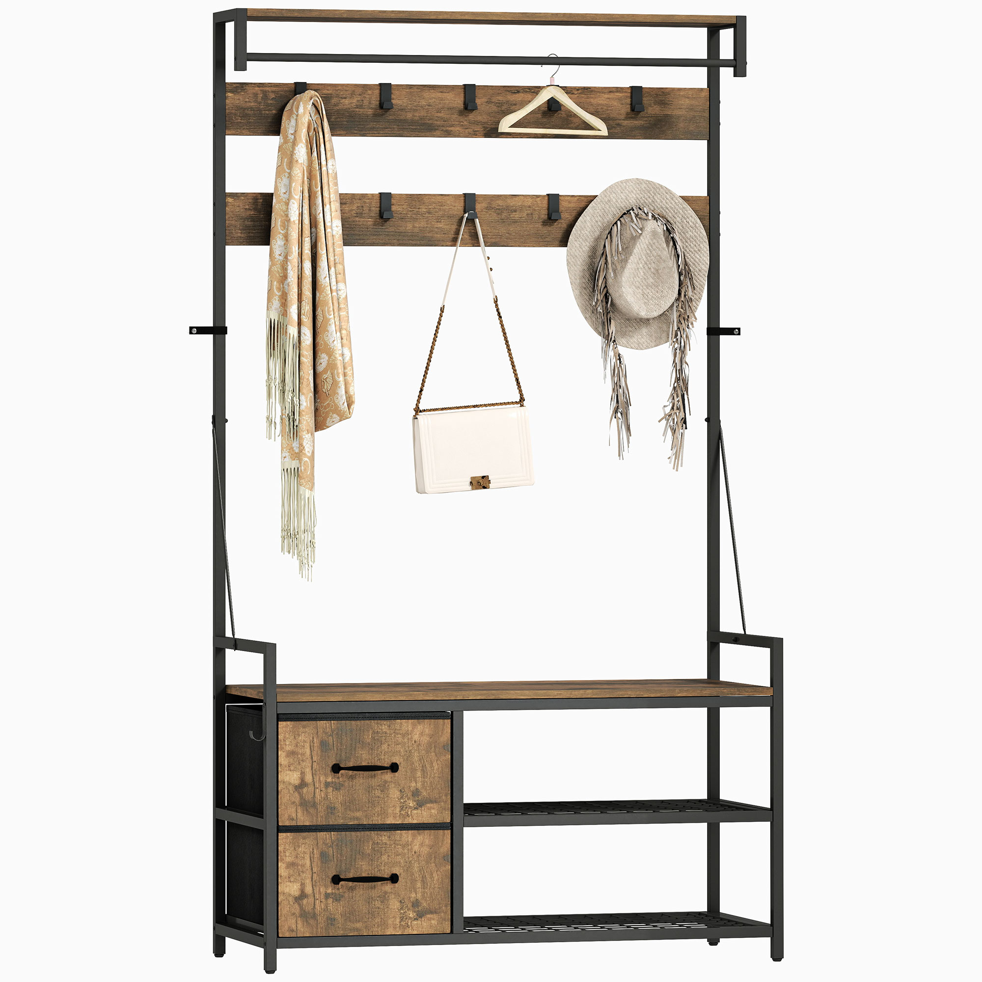HOMCOM Appendiabiti con Panca Scarpiera Doppia, 10 Ganci Regolabili, e 2 Cassetti, 100x40x180 cm, Marrone Rustico   Aosom Italy