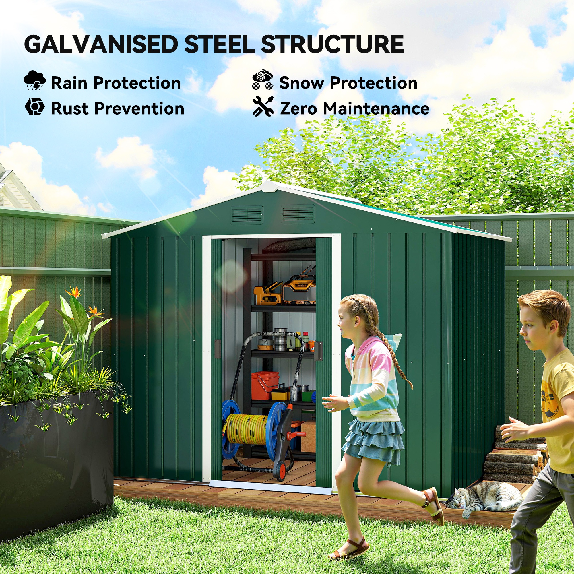 Outsunny Large Garden Storage Shed, 7.7 x 5.7 with Ventilation Slots and Sliding Doors for Gardeners, Green 4
