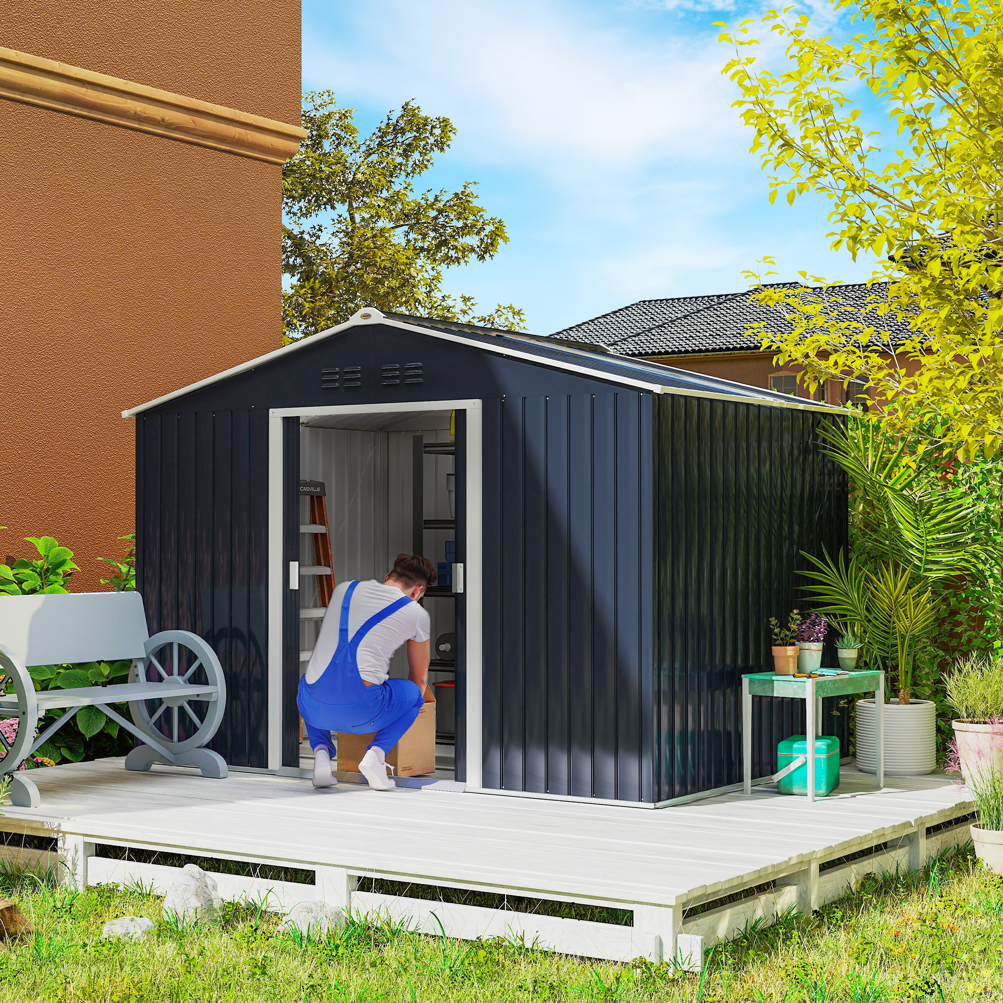 Outsunny Verzinkter Stahl Gerätehaus 4,9m² 277x195x192cm Geräteschuppen mit günstig online kaufen