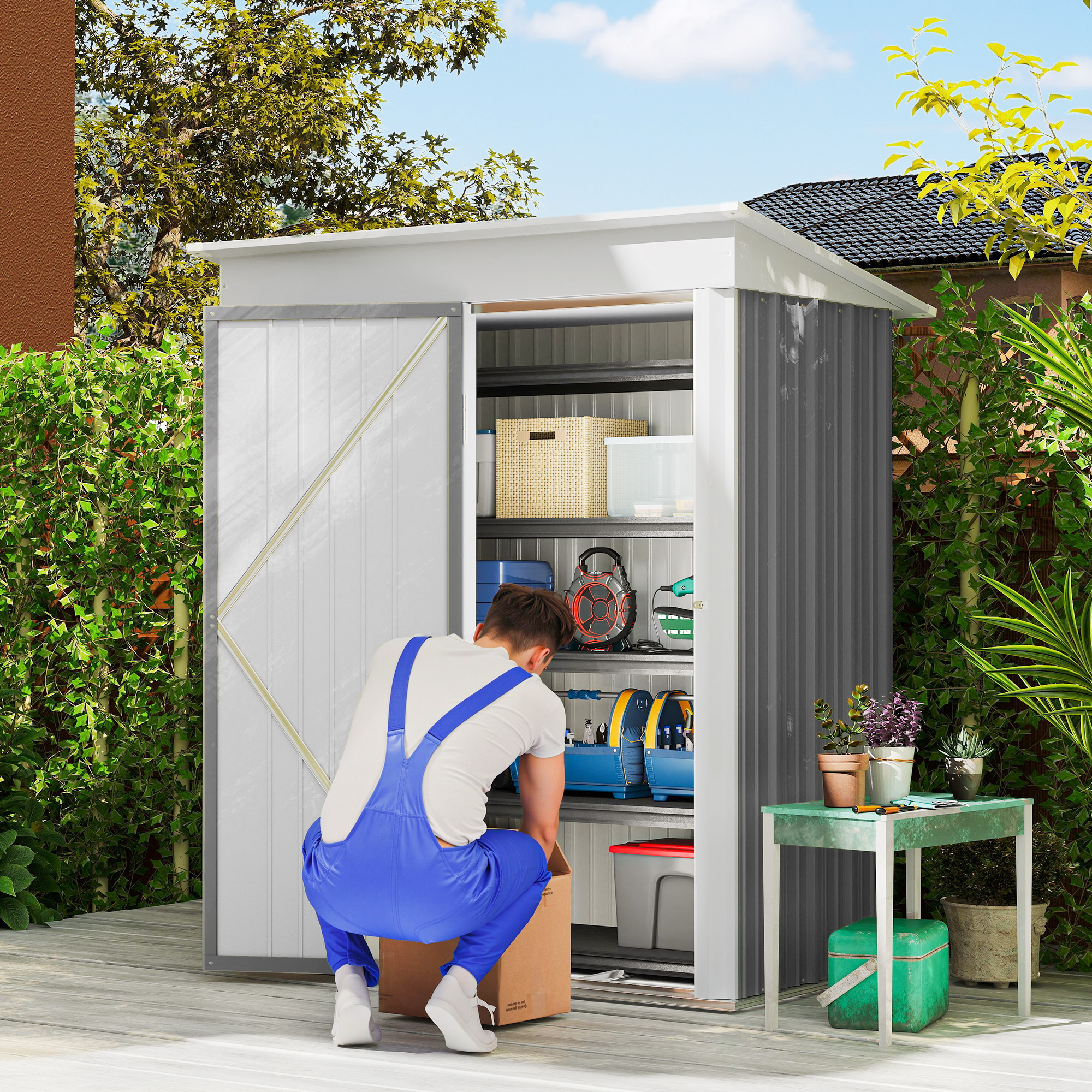 Outsunny Metal Garden Shed, Outdoor Lean-to Shed for Tool Motor Bike, with Adjustable Shelf, Lock, Gloves, 5'x3'x6', Grey 2