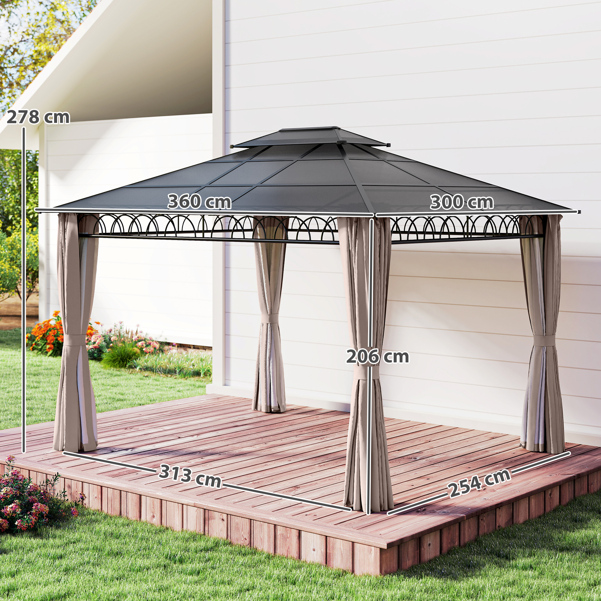 Outsunny 3.6 x 3 (m) Outdoor Polycarbonate Gazebo, Double Roof Hard Top Gazebo with Nettings & Curtains for Garden, Lawn, Patio 3