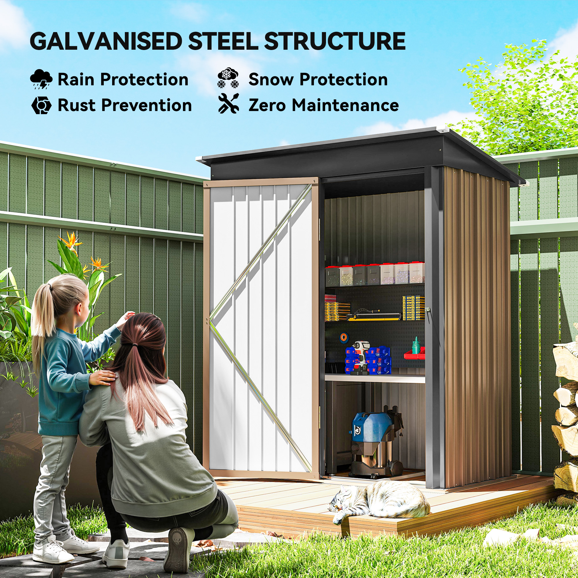 Outsunny 5 x 3ft Corrugated Steel Storage Shed, with Lock Brown 4
