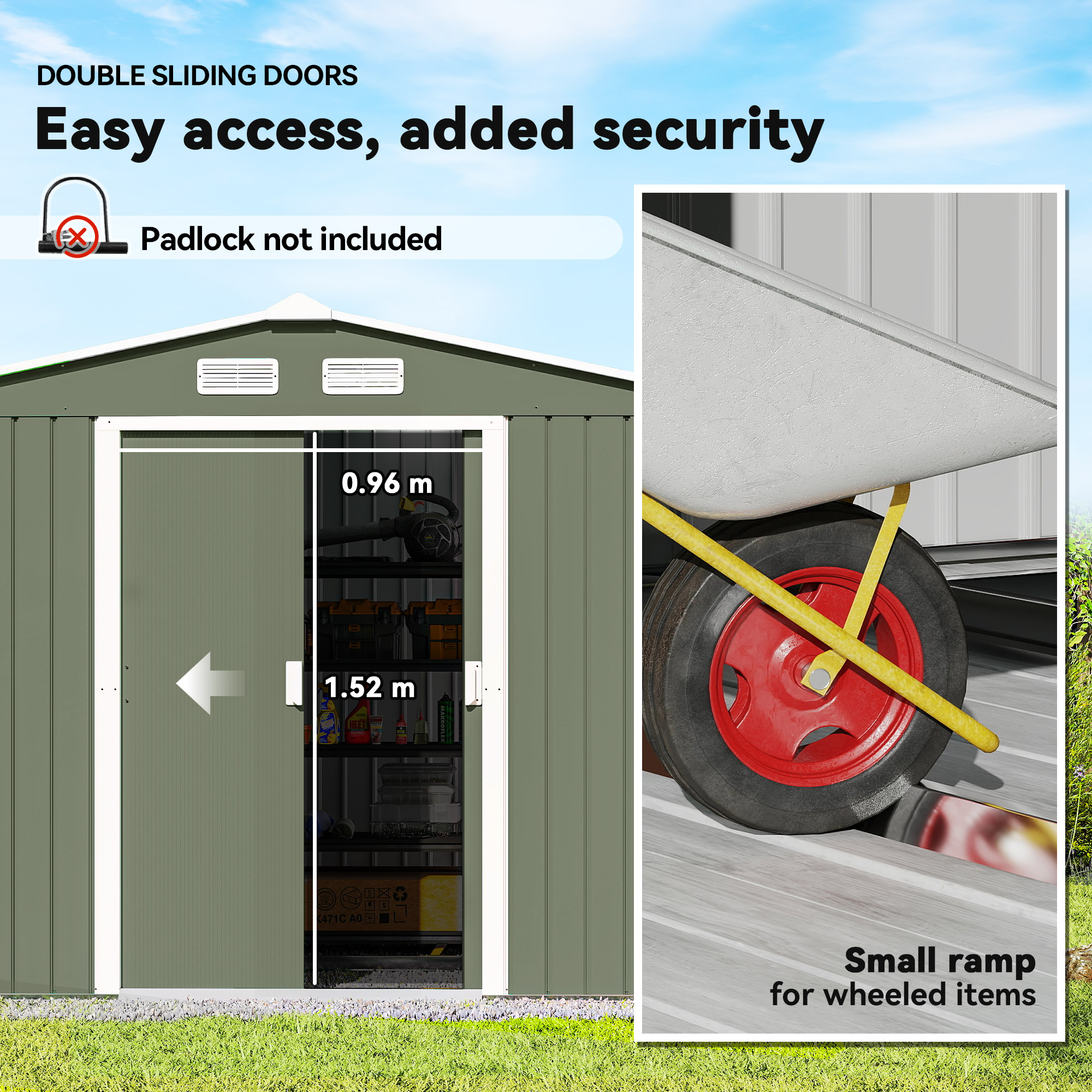 Outsunny 9 x 6ft Metal Garden Shed, Outdoor Storage Tool House with Ventilation Slots, Foundation Kit and Lockable Double Doors, Light Green 5