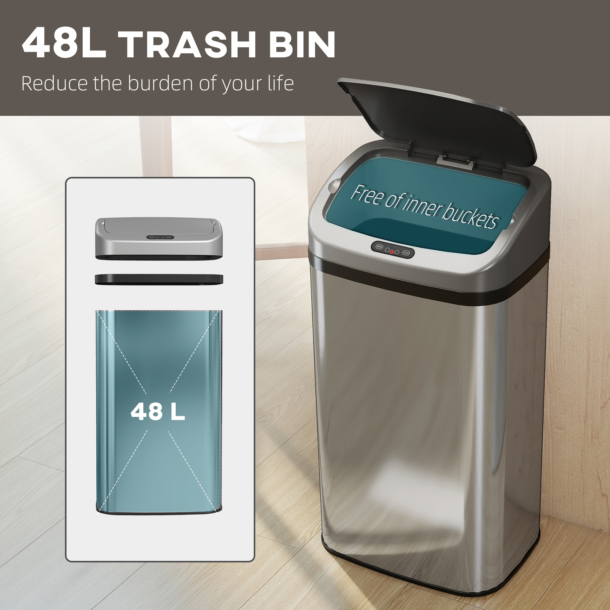 HOMCOM 48L Stainless Steel Sensor Bin Silver-Tone 6
