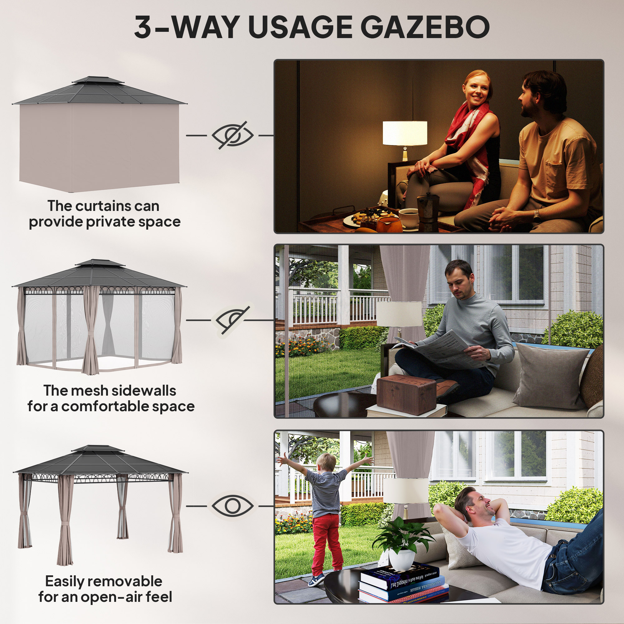 Outsunny 3.6 x 3 (m) Outdoor Polycarbonate Gazebo, Double Roof Hard Top Gazebo with Nettings & Curtains for Garden, Lawn, Patio 5