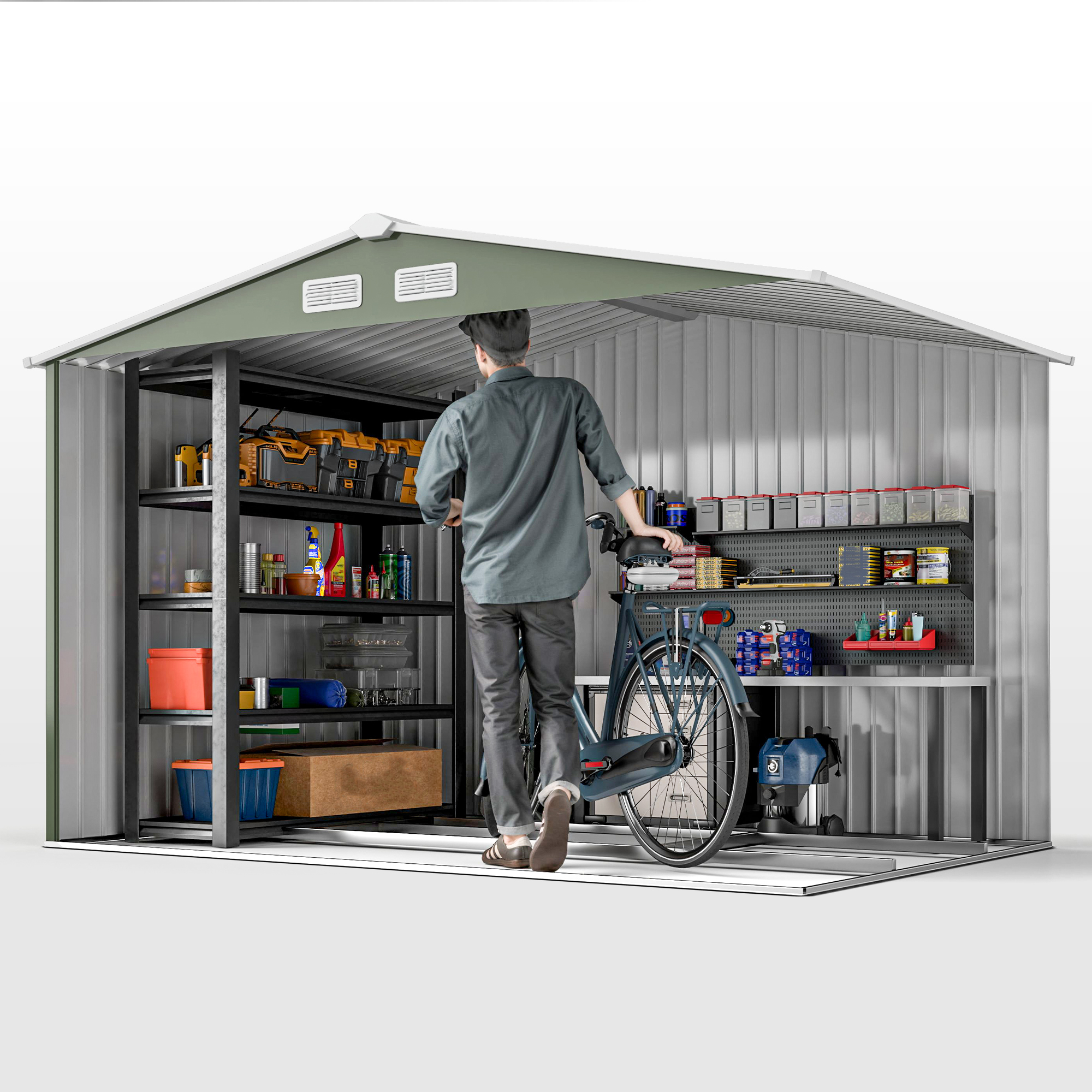 Outsunny 9 x 6ft Metal Garden Shed, Outdoor Storage Tool House with Ventilation Slots, Foundation Kit and Lockable Double Doors, Light Green 9