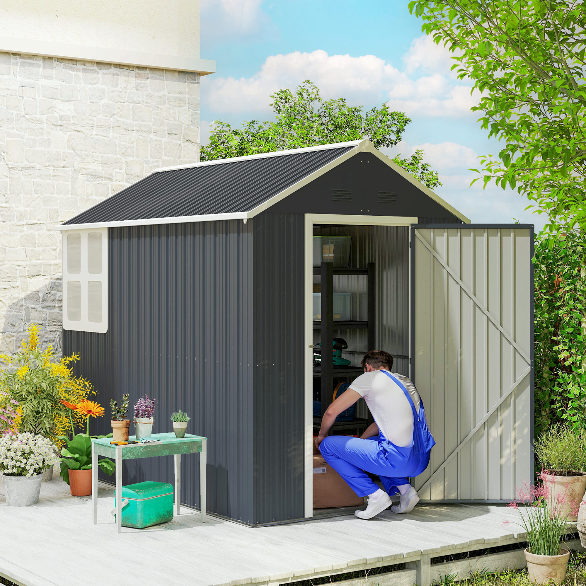 Outsunny Geräteschuppen Stahl 4㎡ mit Fenster abschließbarer Gartenschrank günstig online kaufen