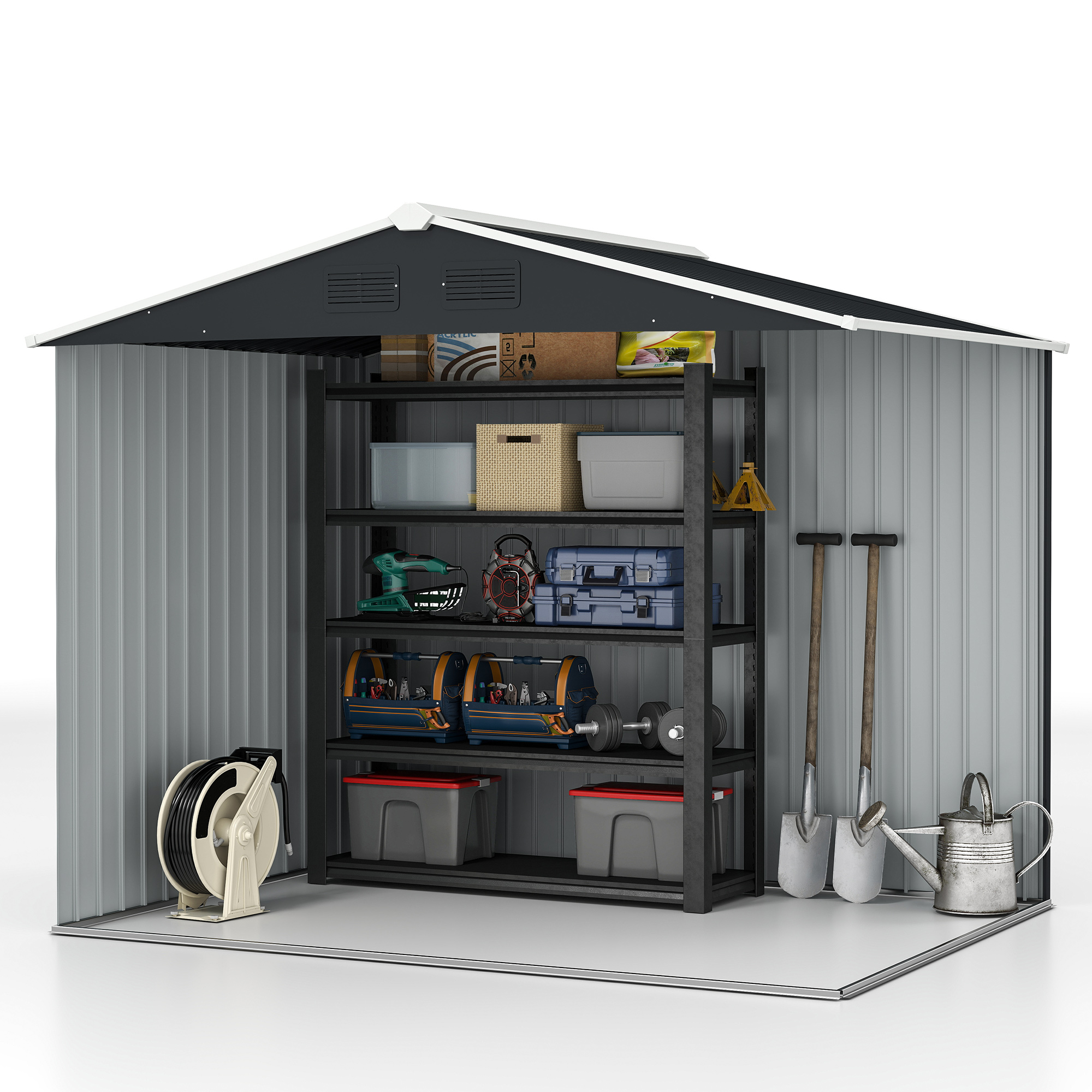 Outsunny 7.7 x 5.7ft Metal Garden Shed, Galvanised Outdoor Tool Storage House with Ventilation Slots and Sliding Doors, Grey 7
