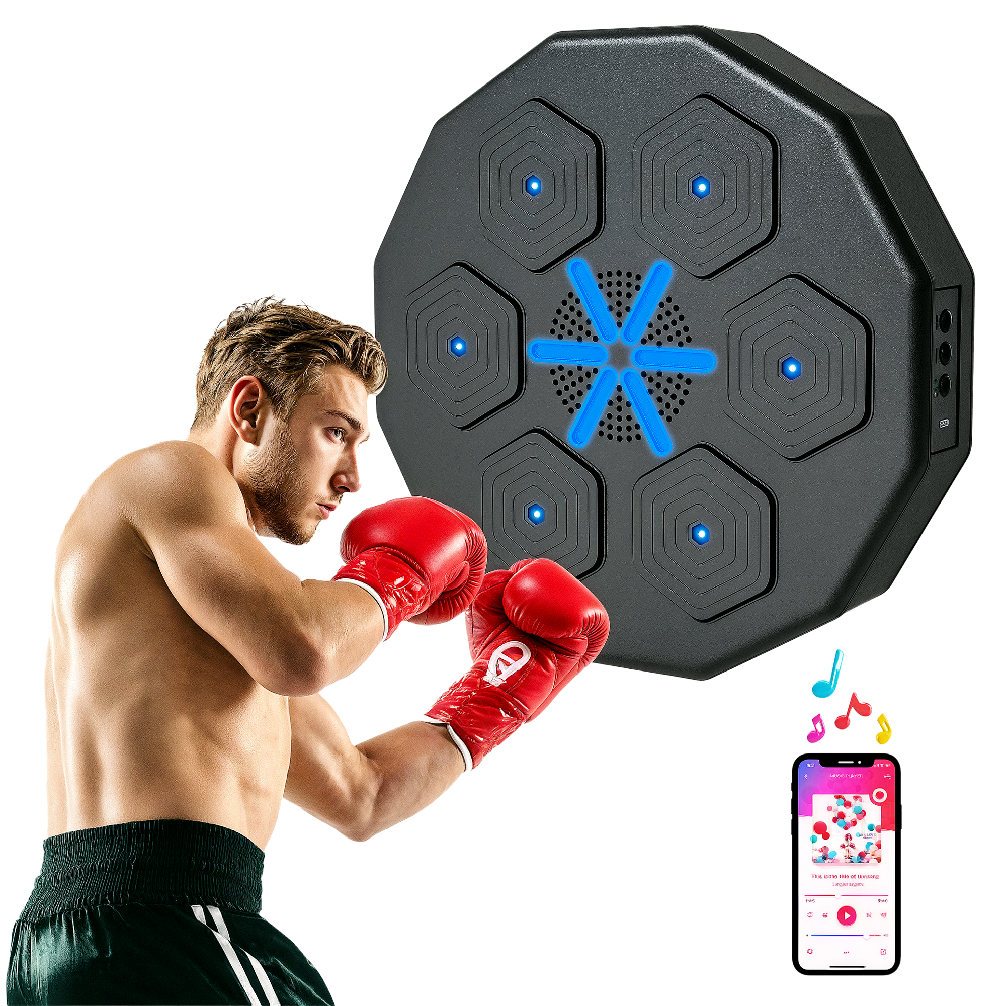 SPORTNOW Boxing Machine Musicale a Parete, con Connessione Bluetooth e Luci Blu, 40x40 cm, Nero   Aosom Italy