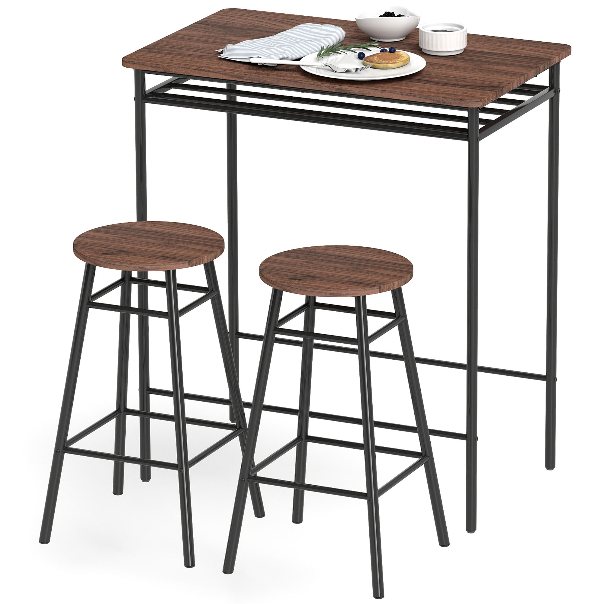 Table Haute de Cuisine avec 2 Tabourets Industriels Étagère Ouverte Repos-Pieds Gain de Place pour Espaces Réduits
