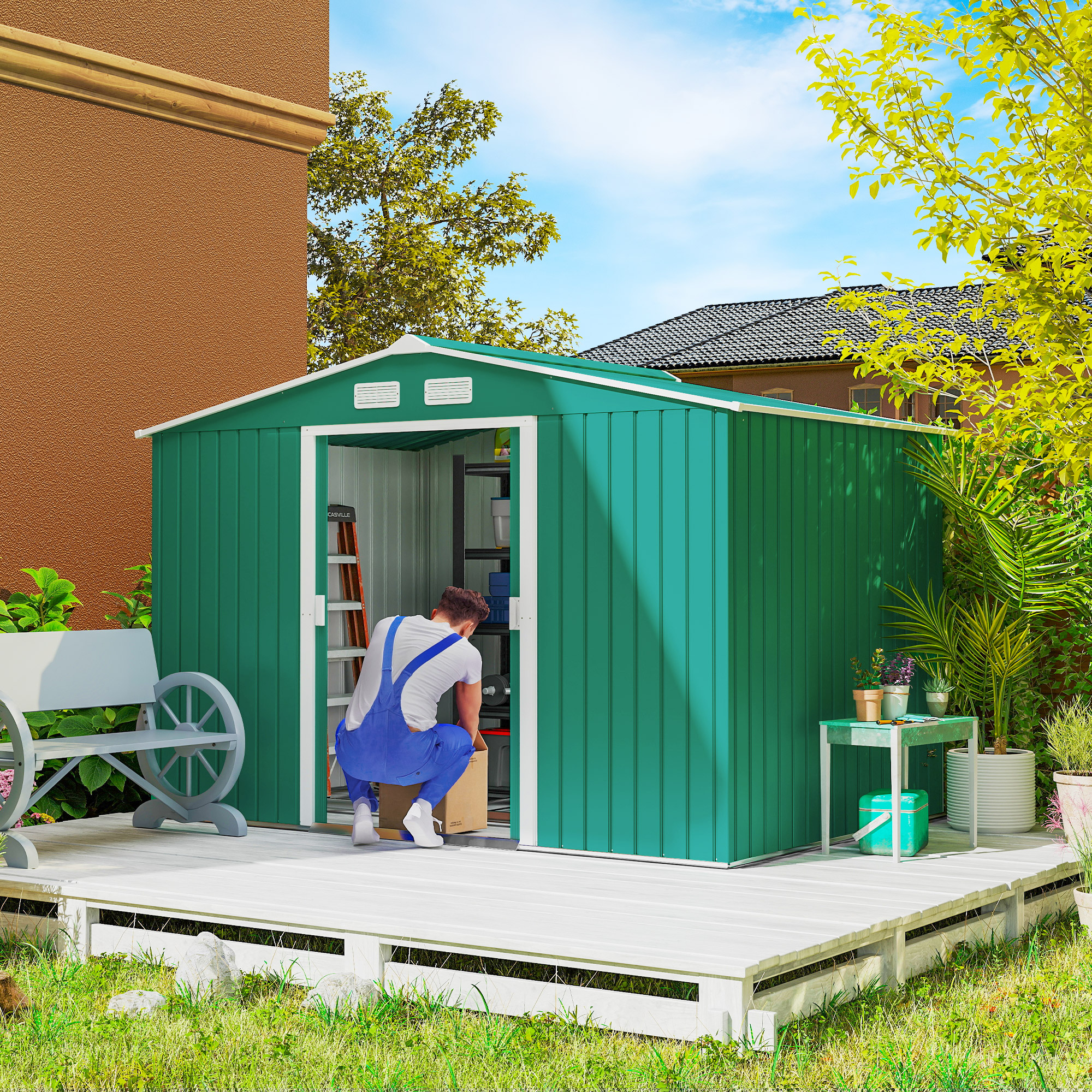 Outsunny 9 x 6ft Metal Garden Shed, Outdoor Storage Tool House with Ventilation Slots, Foundation Kit and Lockable Double Doors, Green 2