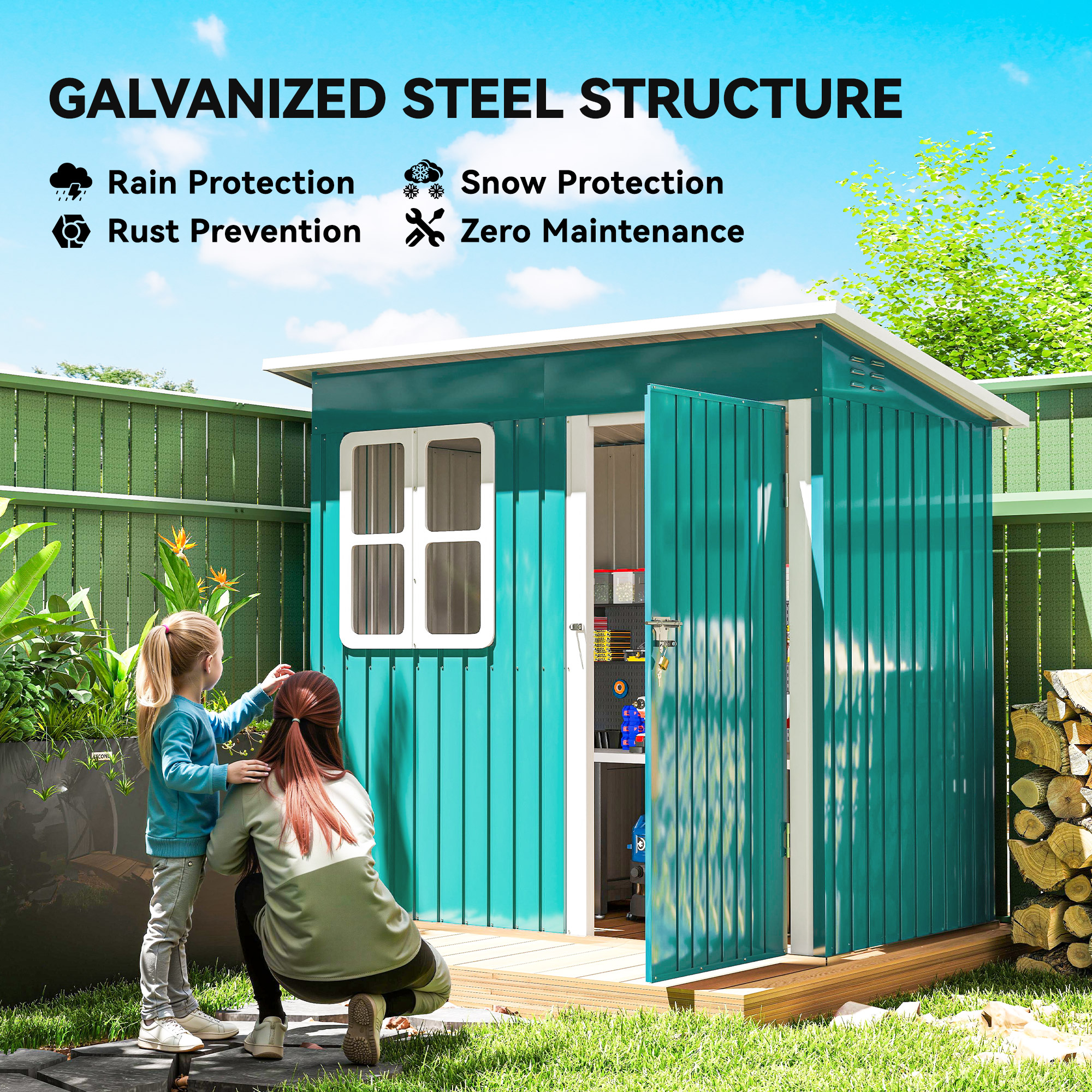 Outsunny 7 x 4ft Galvanised Steel Garden Shed, with Lock and Gloves Green 5