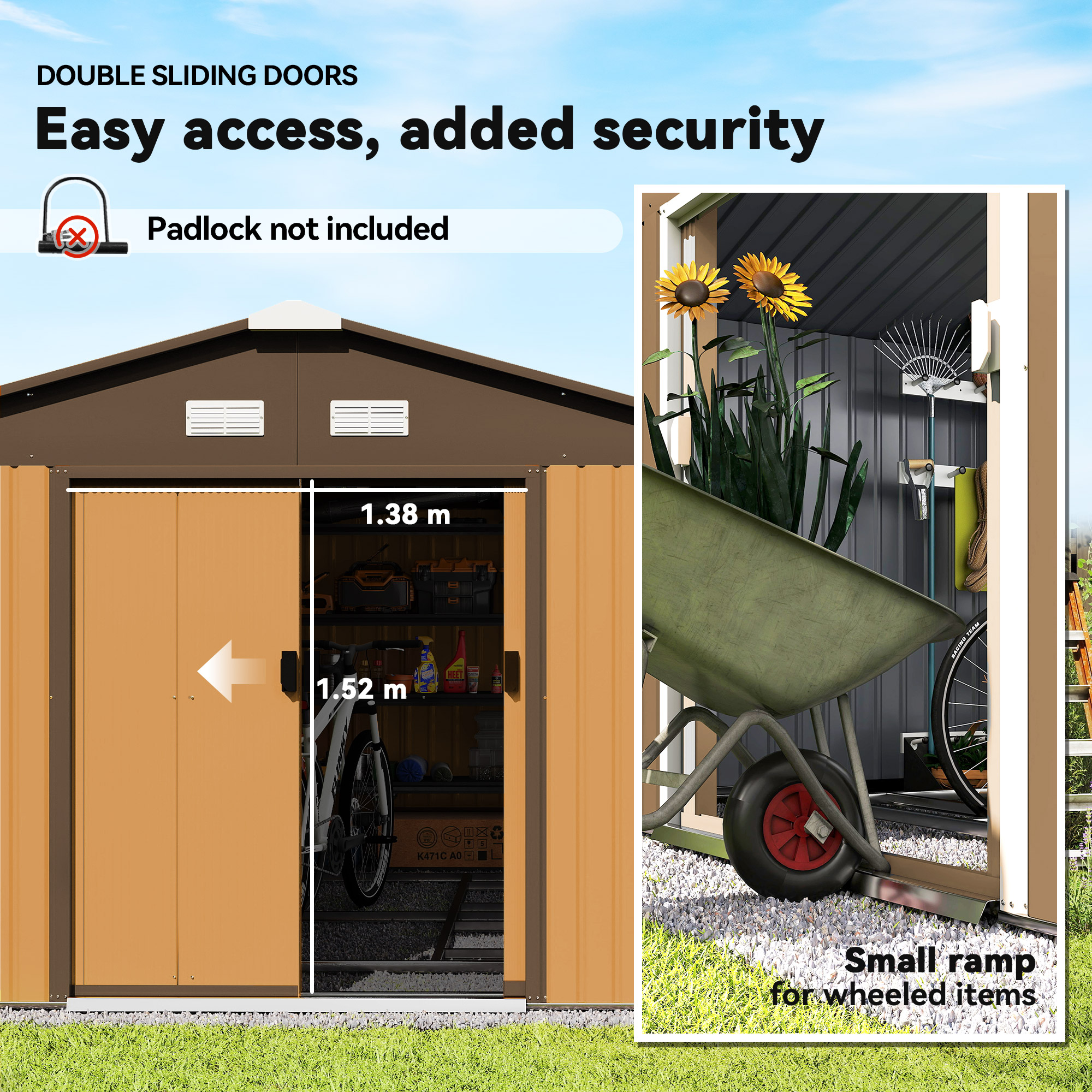 Outsunny 13 x 11ft Metal Garden Shed, Outdoor Storage Tool House with Ventilation Slots, Foundation Kit and Lockable Double Doors, Light Brown 5