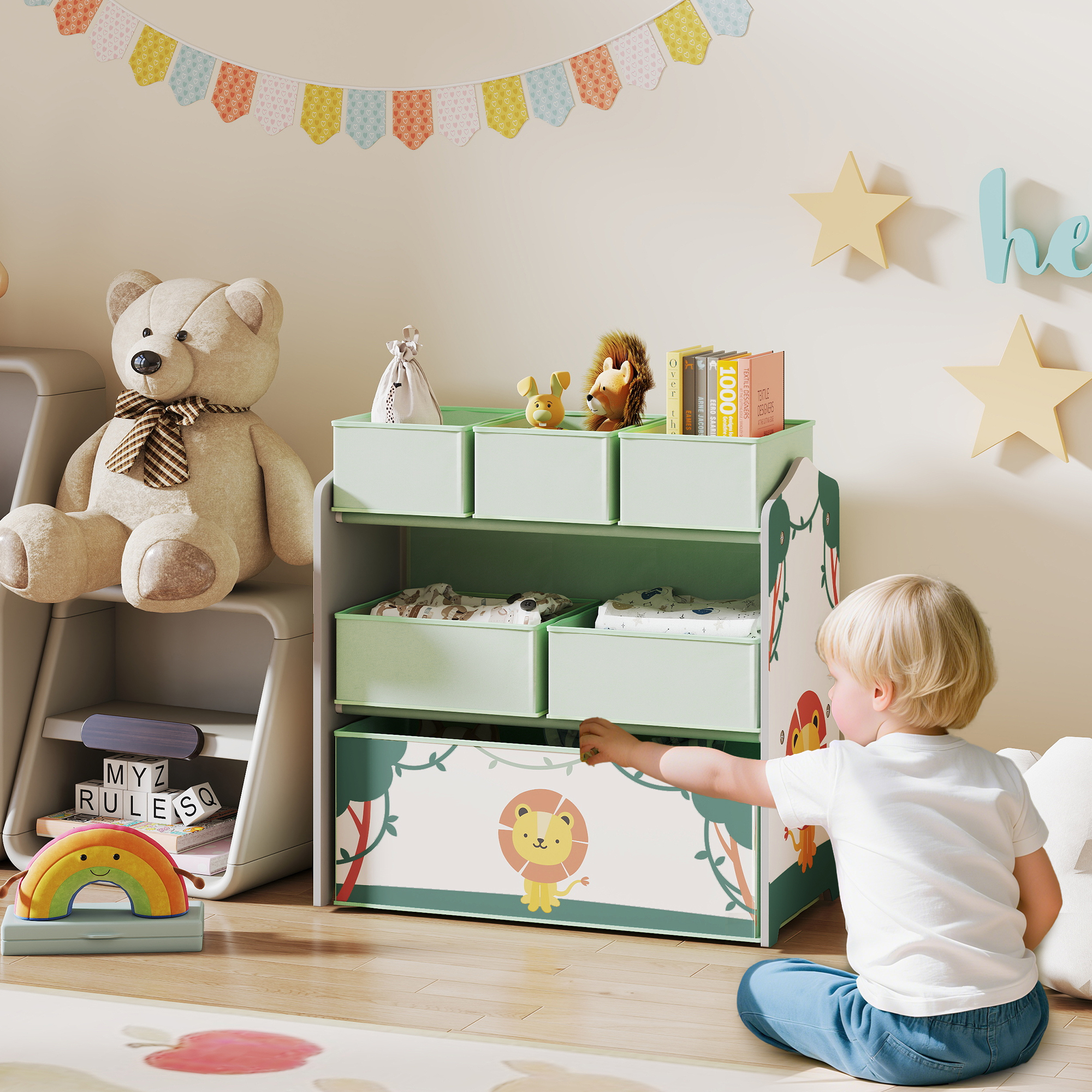 AIYAPLAY Kinder Spielzeugregal mit 6 herausnehmbaren Non-Woven-Stoffboxen, günstig online kaufen