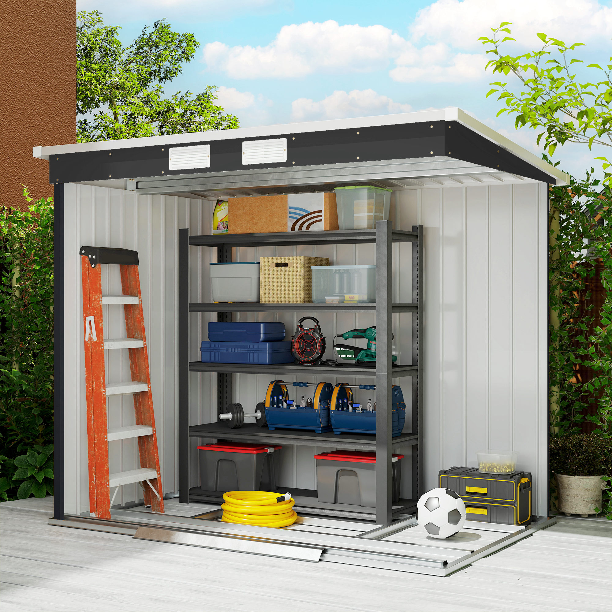 Outsunny 7 x 4ft Galvanised Steel Garden Shed, with Foundation Kit Dark Grey 8