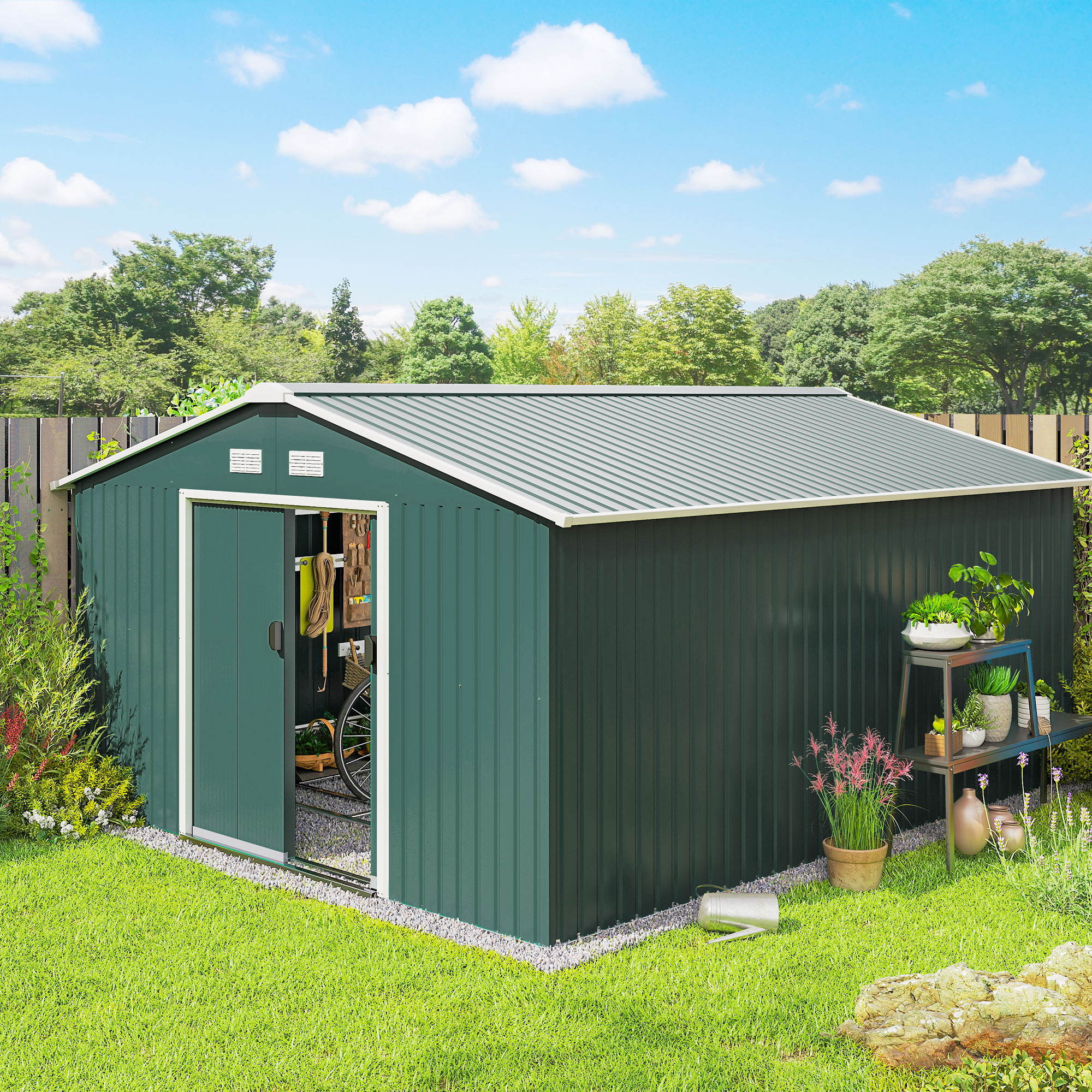 Outsunny Gerätehaus 12,4 m², Gartenhaus mit Pultdach, Schiebetür, Fundament günstig online kaufen