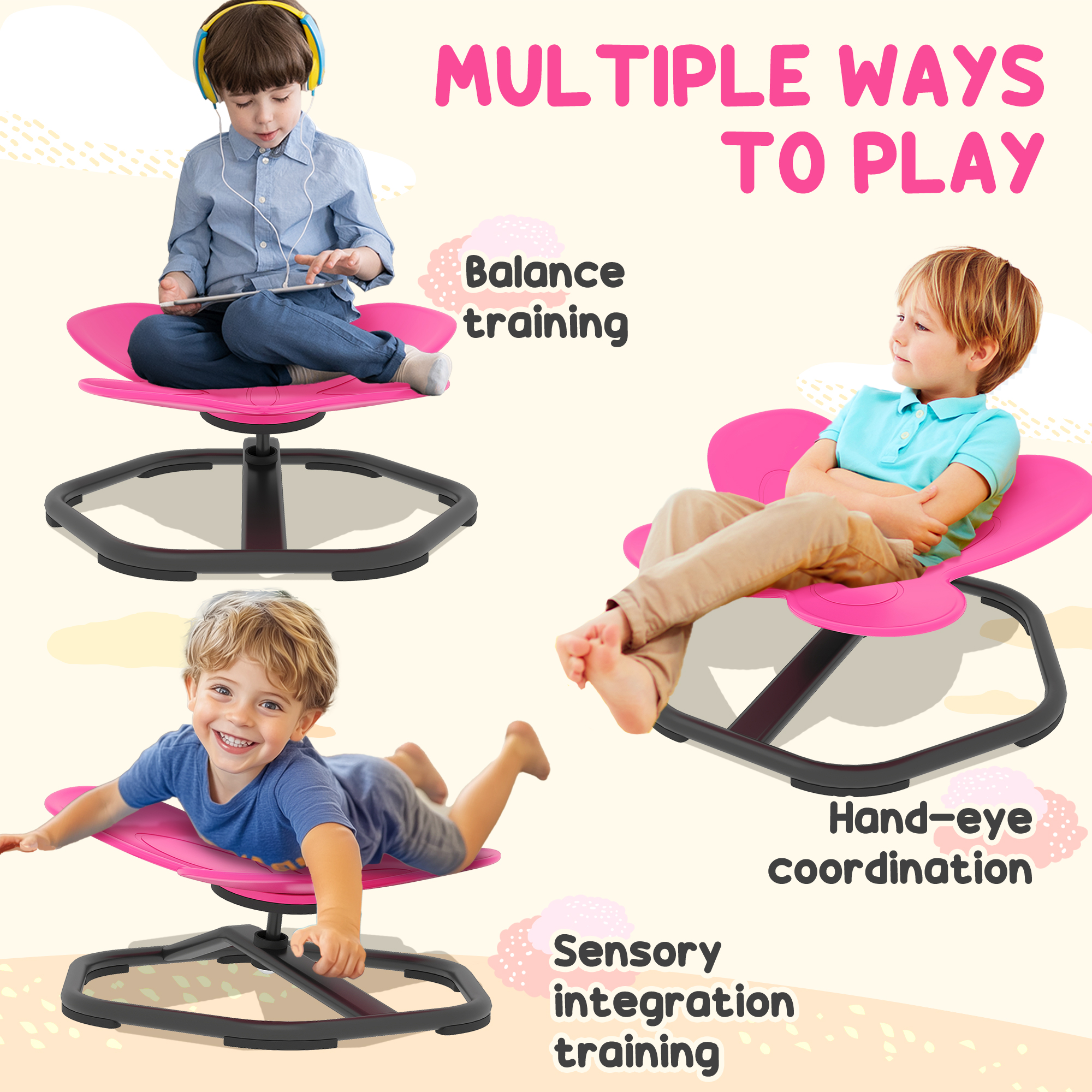AIYAPLAY Butterfly-Shaped-kids Swivel Chair, Sensory Spinning Chair for Balance, Coordination Training, Pink 6