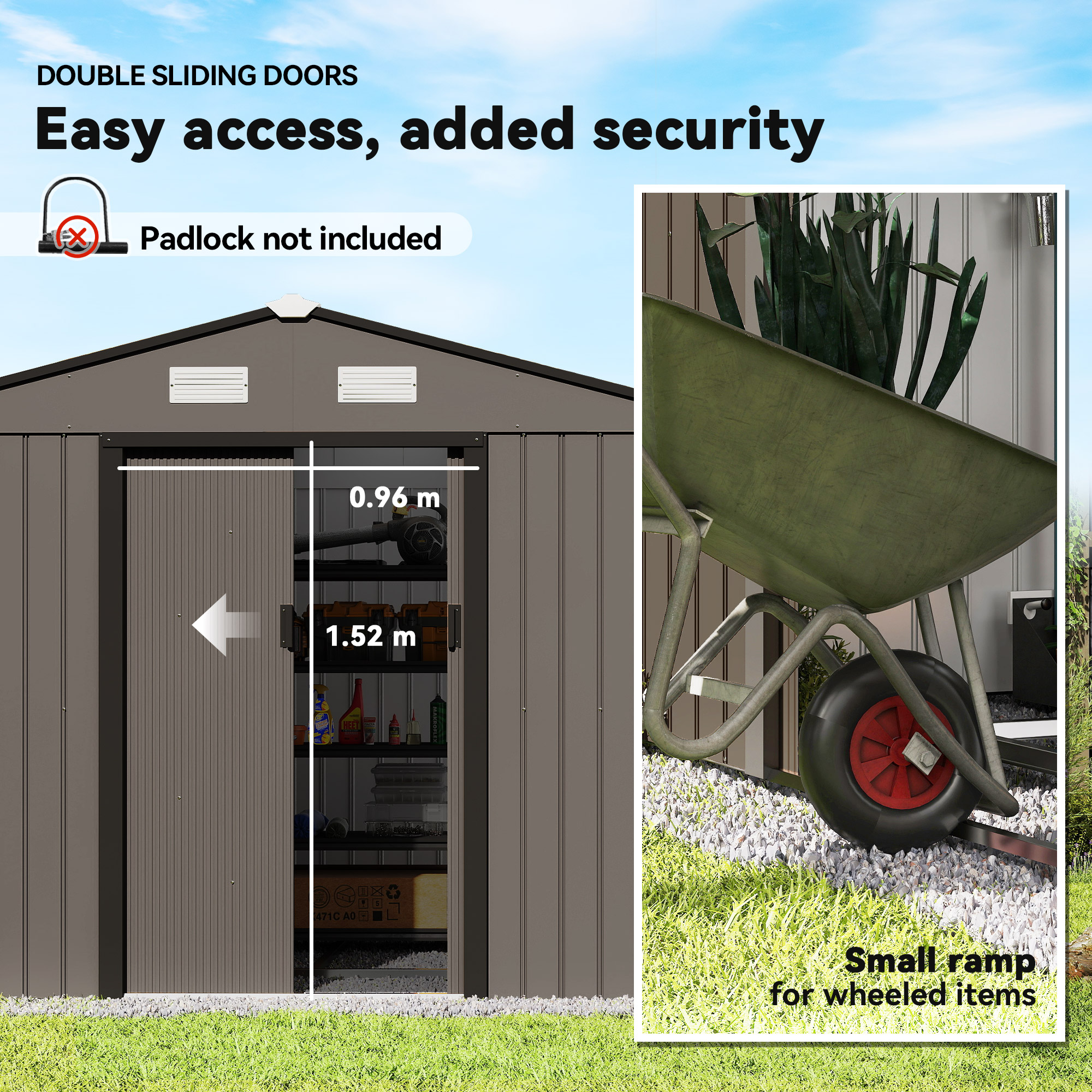 Outsunny 9 x 6ft Metal Garden Shed, Outdoor Storage Tool House with Ventilation Slots, Foundation Kit and Lockable Double Doors, Brown 5