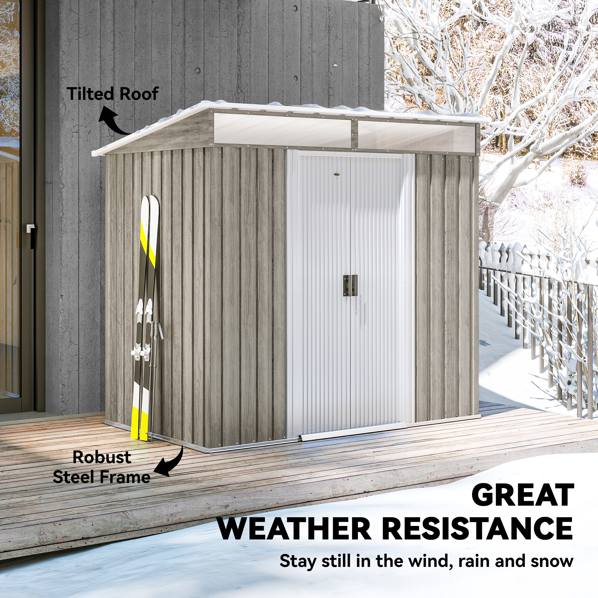 Outsunny 6.5 x 4FT Galvanised Metal Shed with Foundation Kit, Lockable Tool Garden Shed with Double Sliding Doors, Vents, Light Grey Wood Effect 6