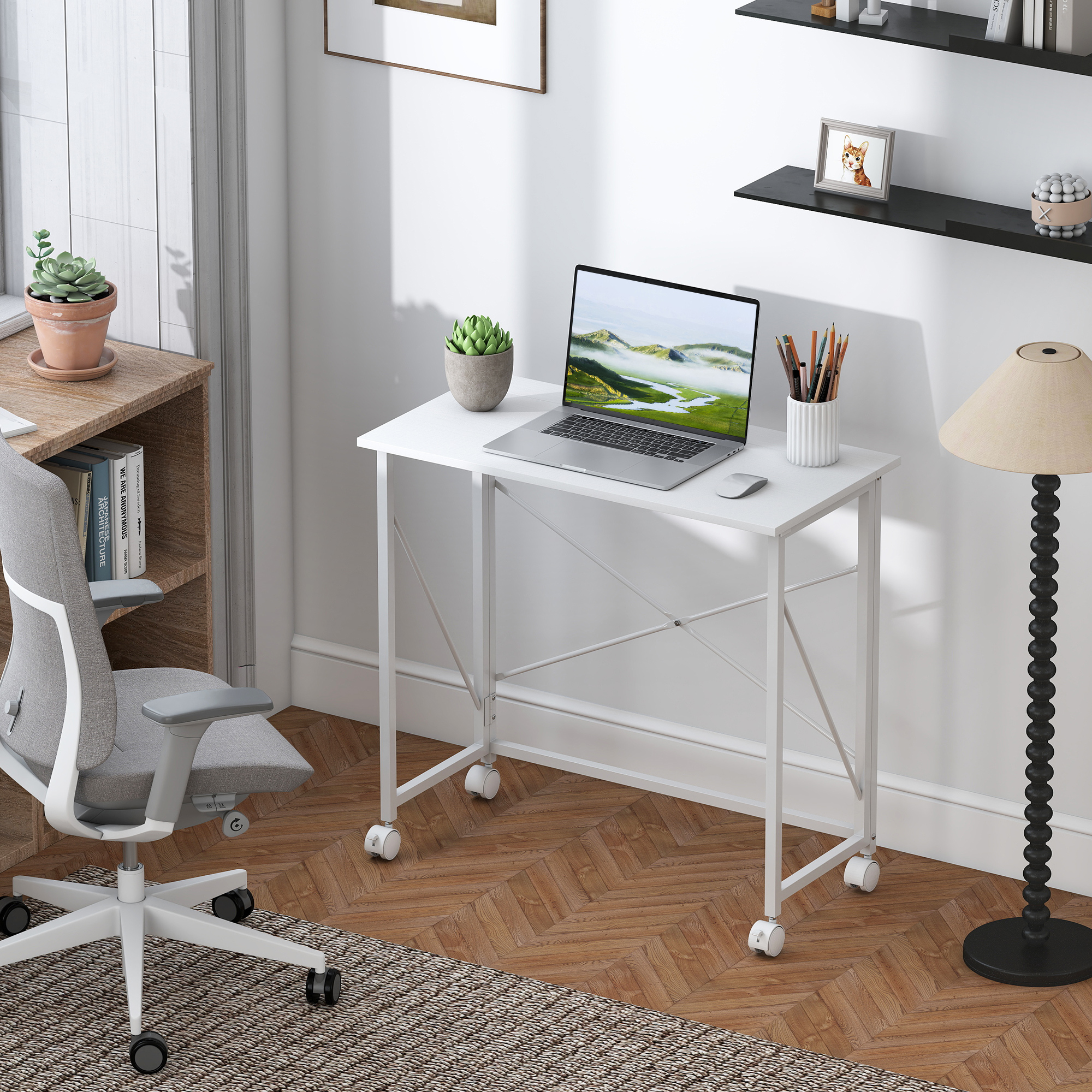 HOMCOM 80 cm Folding Desk on Wheels White 2