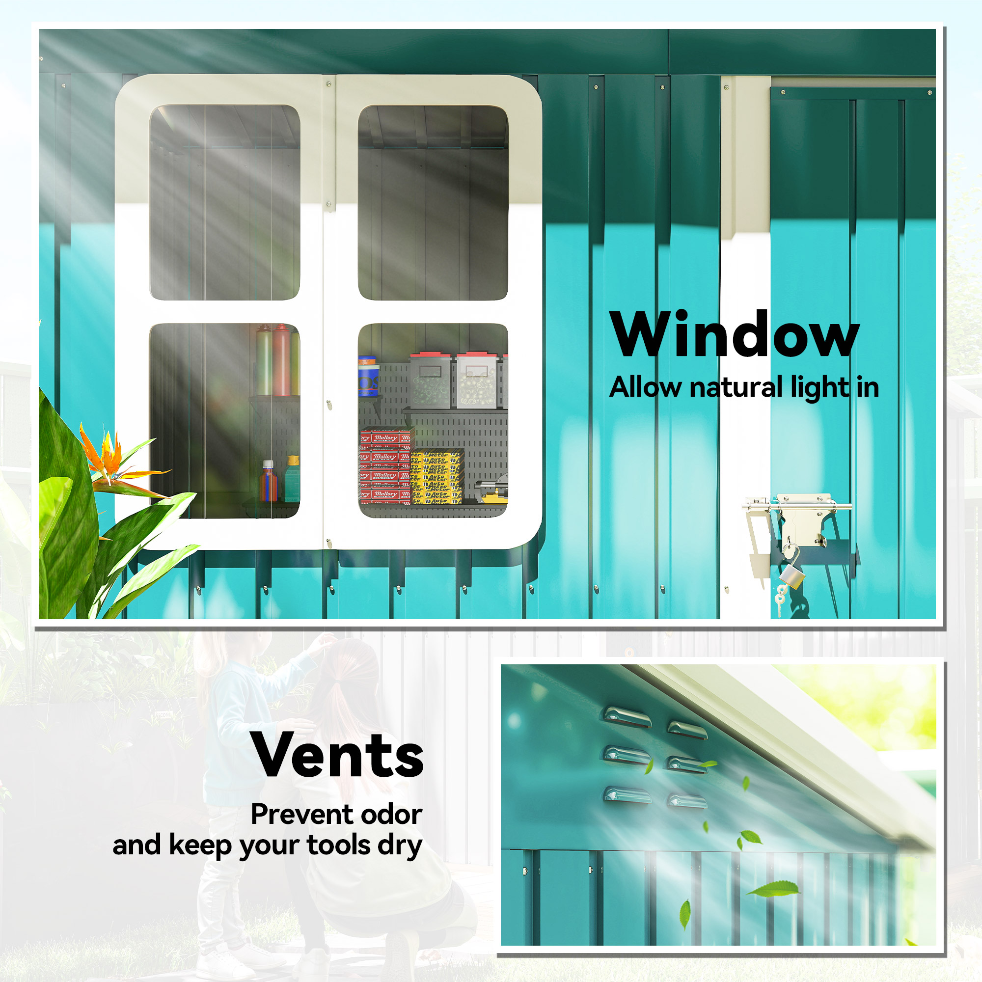 Outsunny 7 x 4ft Galvanised Steel Garden Shed, with Lock and Gloves Green 7