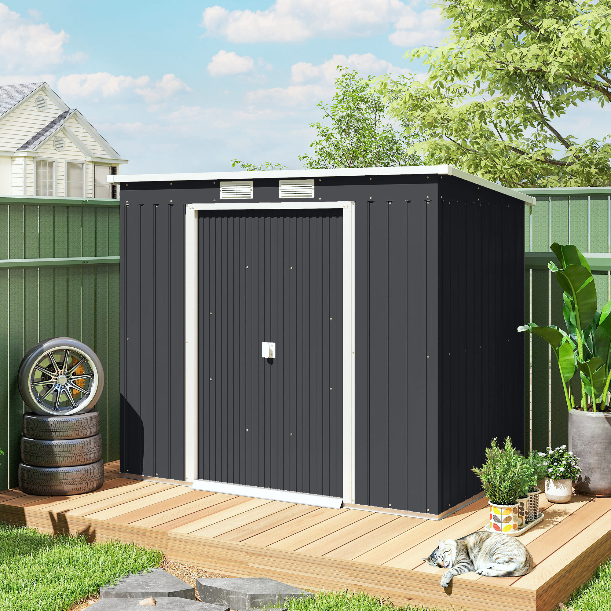 Outsunny 7 x 4ft Galvanised Steel Garden Shed, with Foundation Kit Dark Grey 9