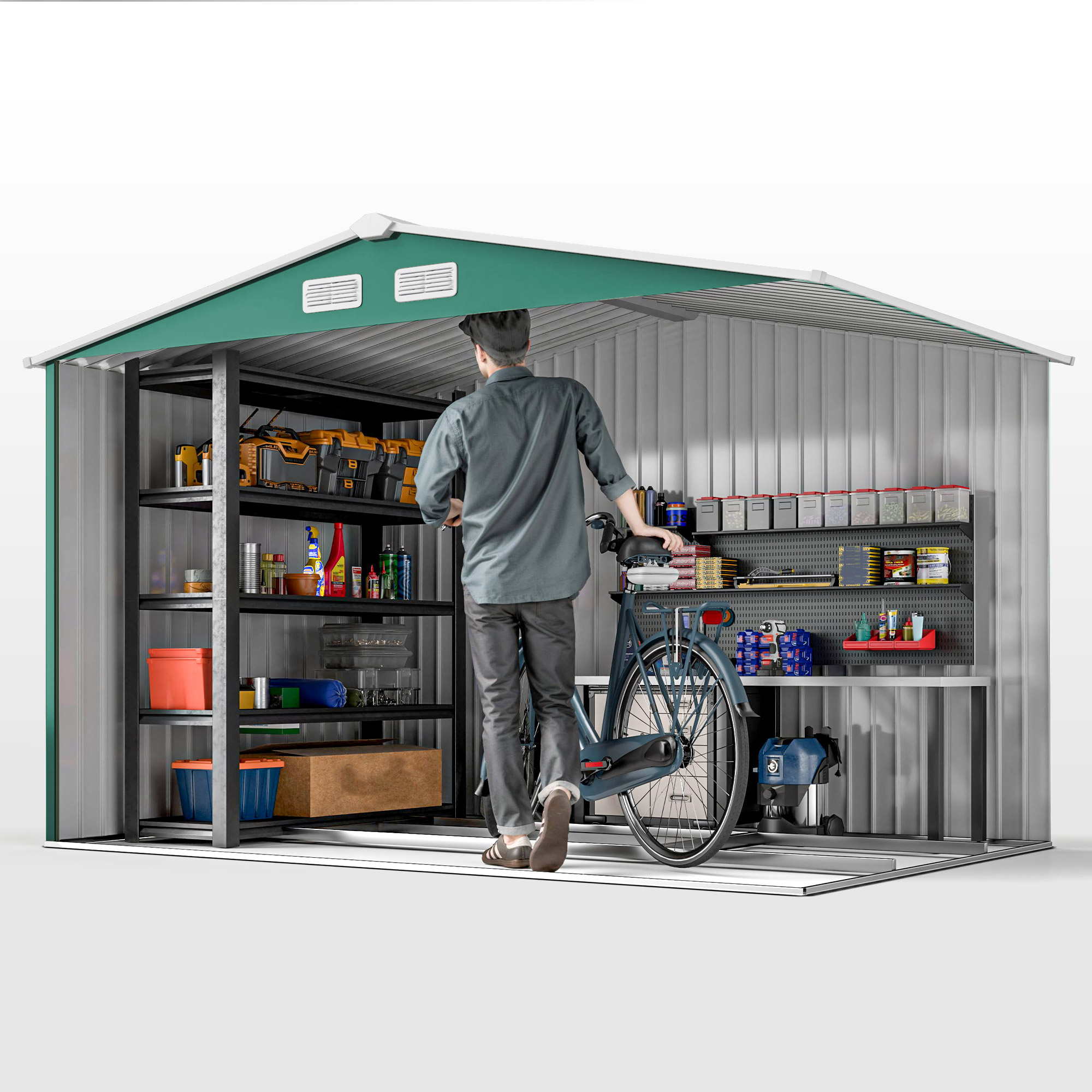 Outsunny 9 x 6ft Metal Garden Shed, Outdoor Storage Tool House with Ventilation Slots, Foundation Kit and Lockable Double Doors, Green 9