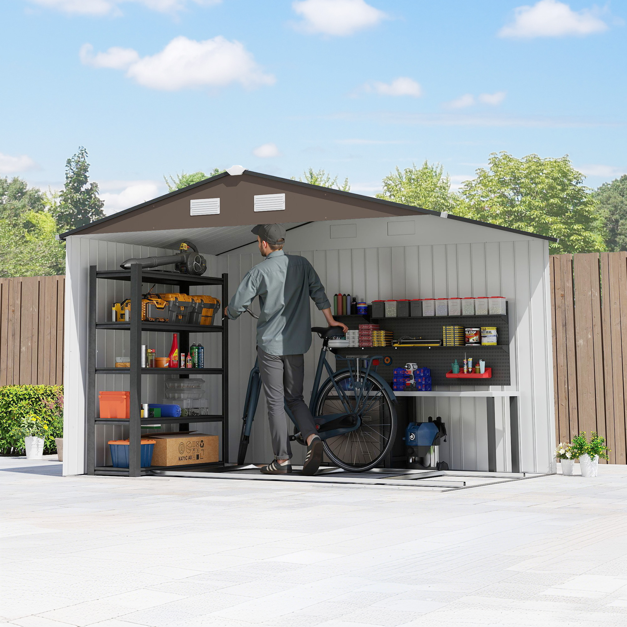 Outsunny 9 x 6ft Metal Garden Shed, Outdoor Storage Tool House with Ventilation Slots, Foundation Kit and Lockable Double Doors, Brown 9