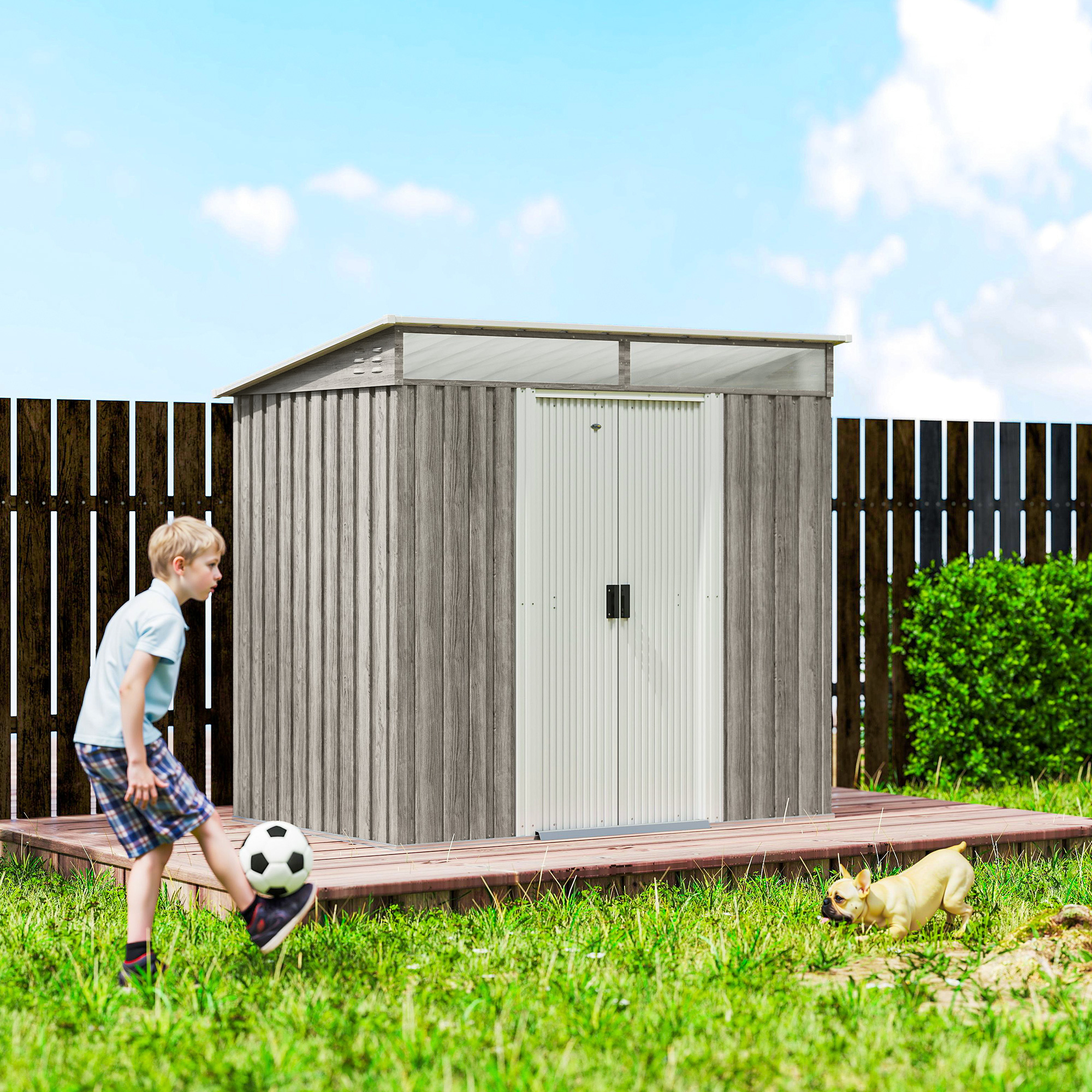 Outsunny 6.5 x 4FT Galvanised Metal Shed with Foundation Kit, Lockable Tool Garden Shed with Double Sliding Doors, Vents, Light Grey Wood Effect 9