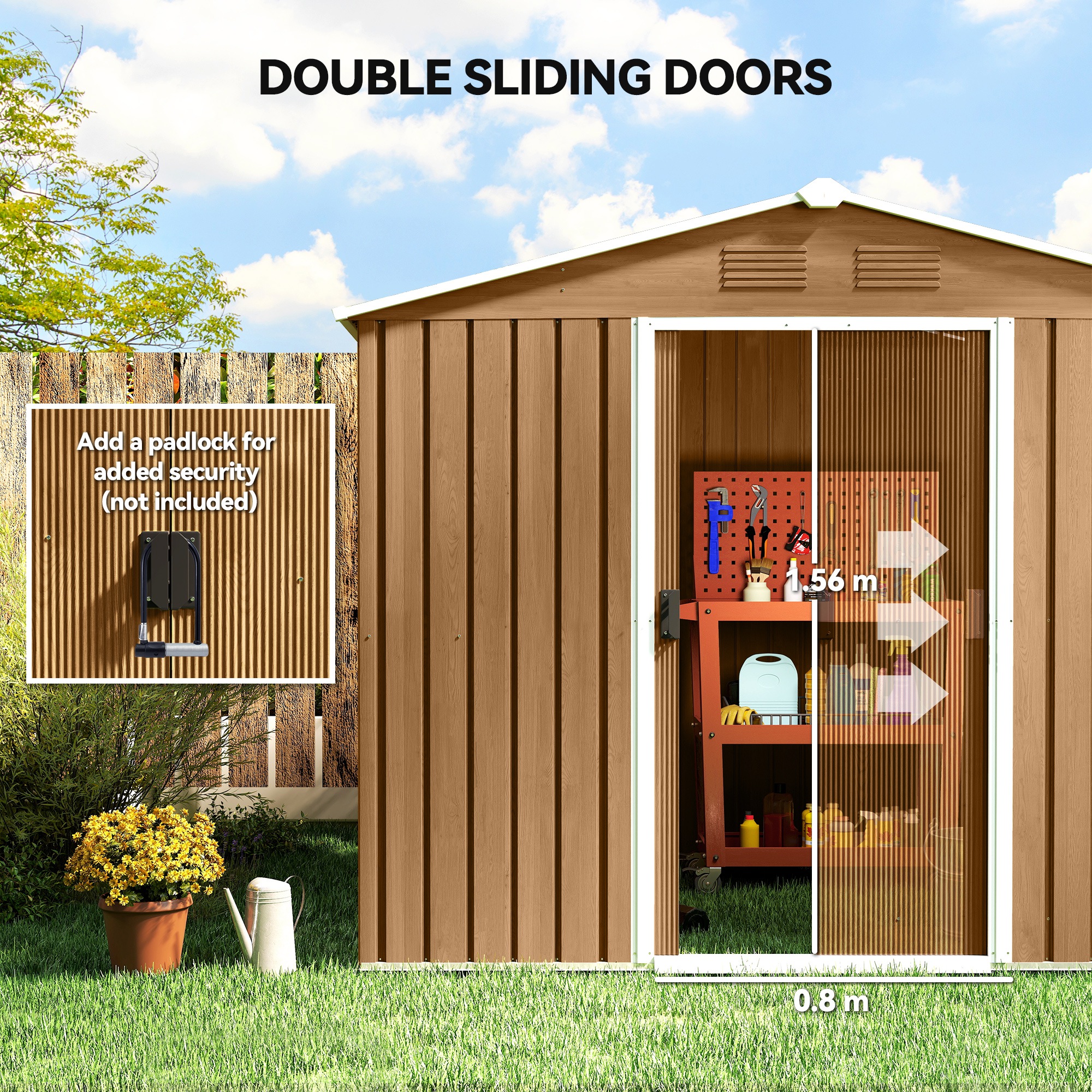 Outsunny 8 x 6ft Galvanised Steel Shed, with Double Door Brown 5