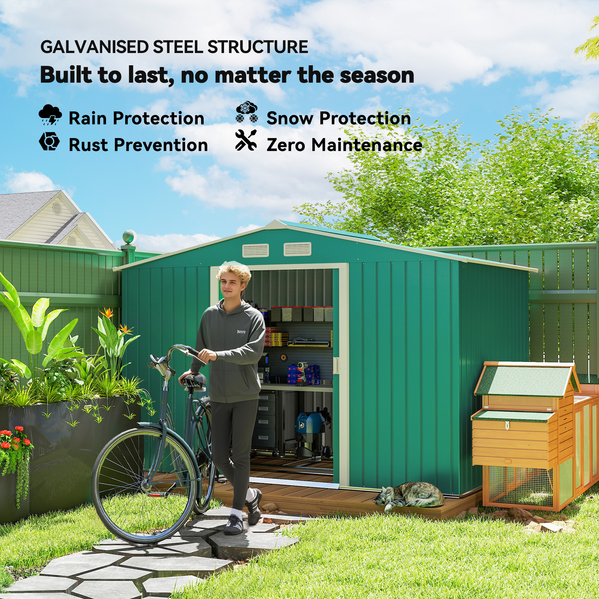 Outsunny 9 x 6ft Metal Garden Shed, Outdoor Storage Tool House with Ventilation Slots, Foundation Kit and Lockable Double Doors, Green 4