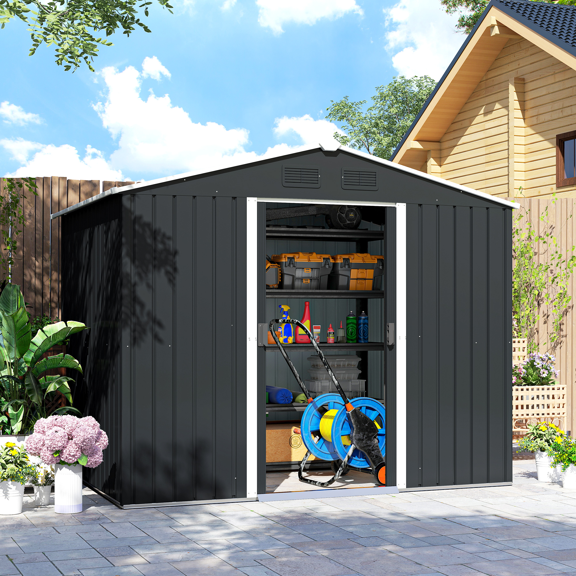 Outsunny 7.7 x 5.7ft Metal Garden Shed, Galvanised Outdoor Tool Storage House with Ventilation Slots and Sliding Doors, Grey 9