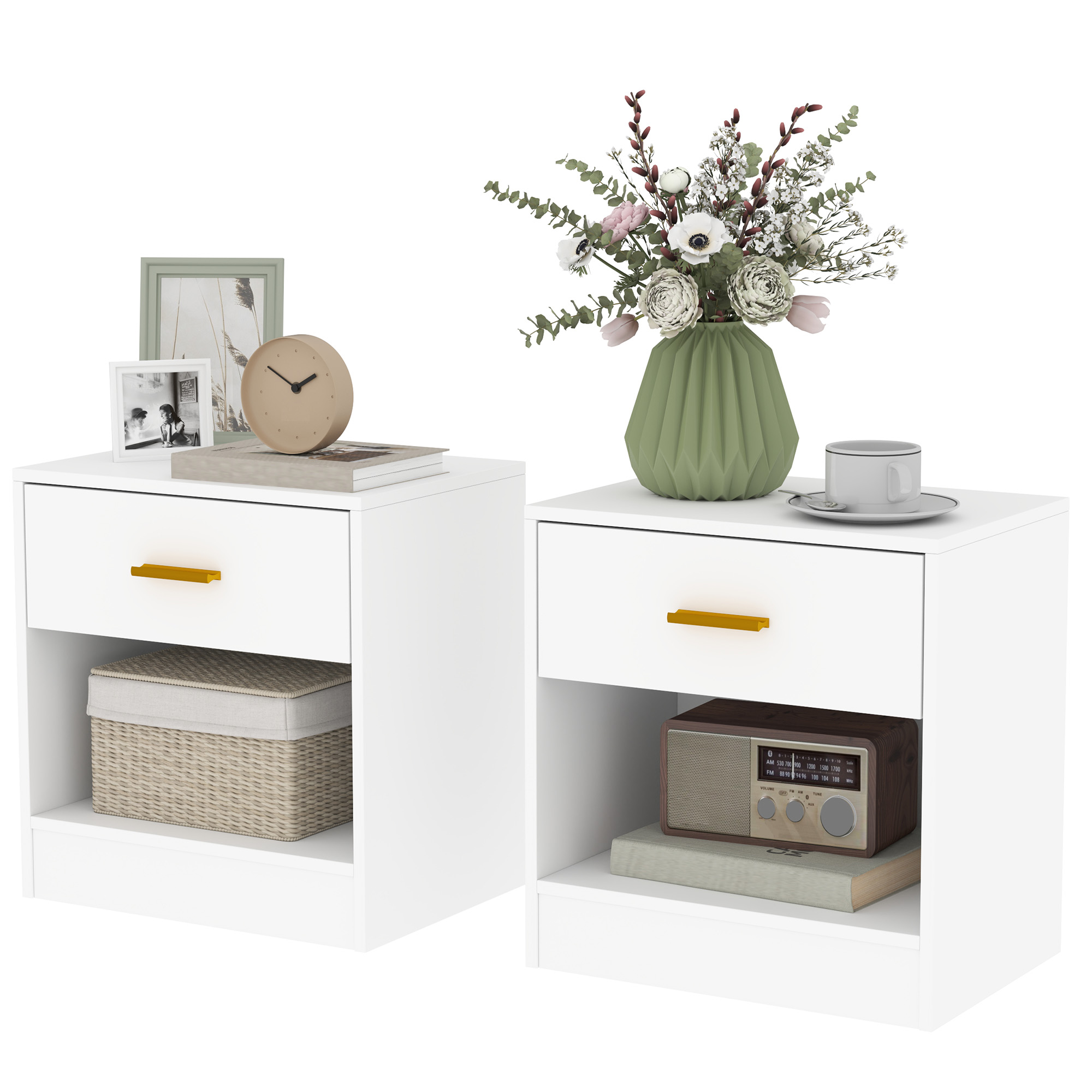 HOMCOM Lot de 2 tables de chevet, table de nuit avec 2 tiroirs et étagères ouvertes, style moderne, 39 x 28 x 41 cm, blanc