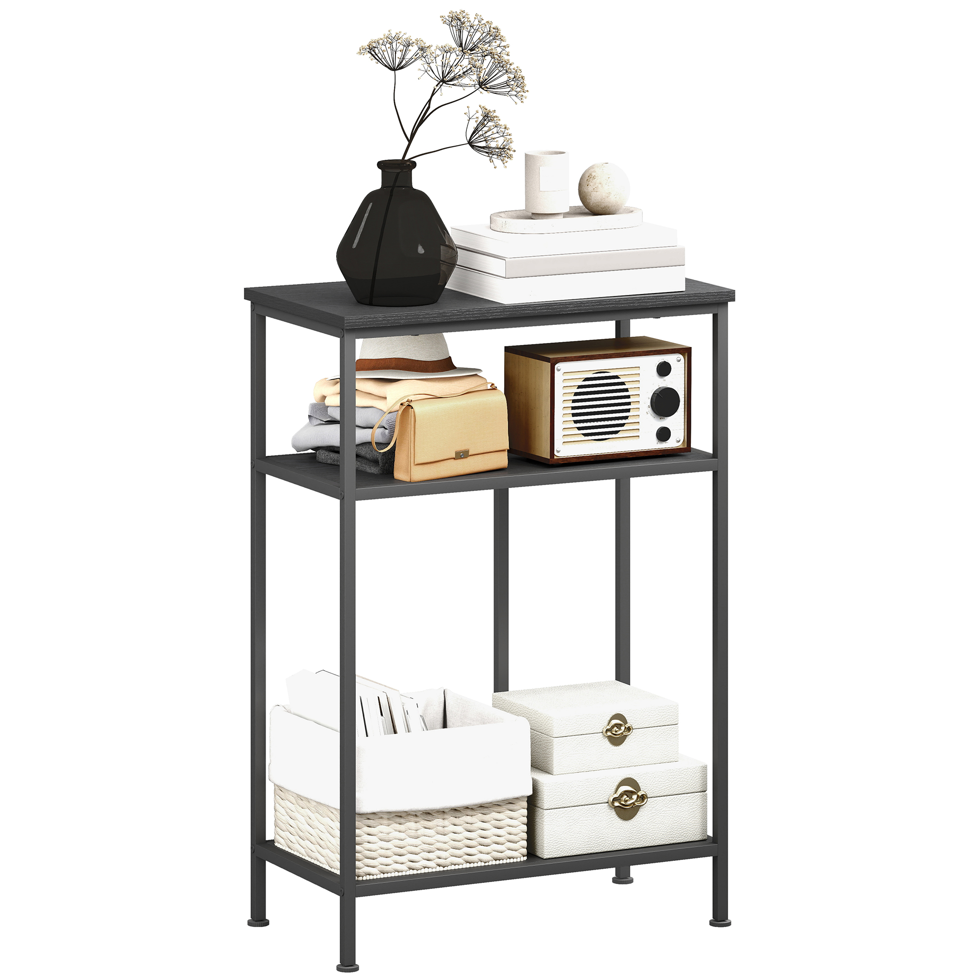 HOMCOM Consolă cu 3 Rafturi din Metal și Lemn, 55x30x81 cm, Negru | Aosom Romania