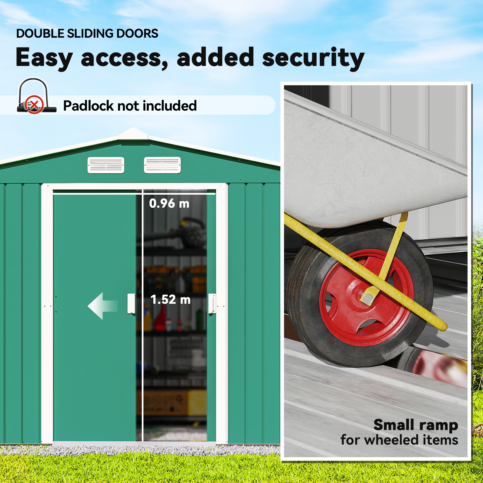 Outsunny 9 x 6ft Metal Garden Shed, Outdoor Storage Tool House with Ventilation Slots, Foundation Kit and Lockable Double Doors, Green 5