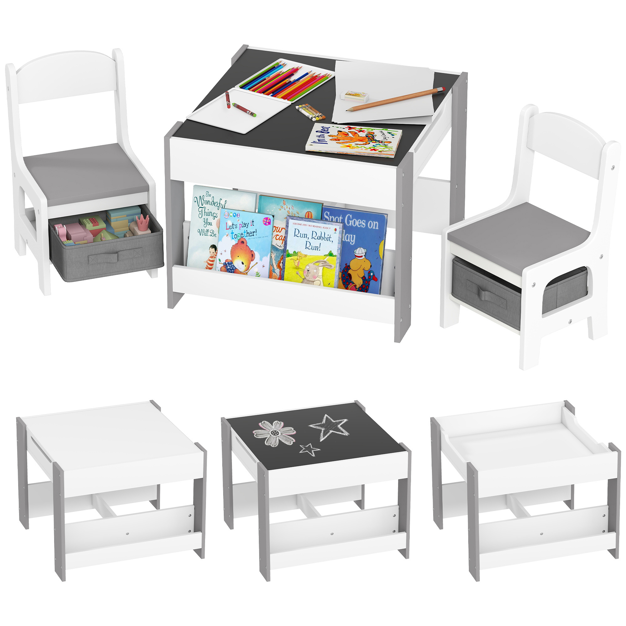 HOMCOM Set de Masă și Scaun pentru Copii, Set de Birou și Scaun pentru Copii 2-în-1 cu Tablă și Rafturi pentru Cărți, 61.5x61.5x48 cm, Gri | Aosom Romania